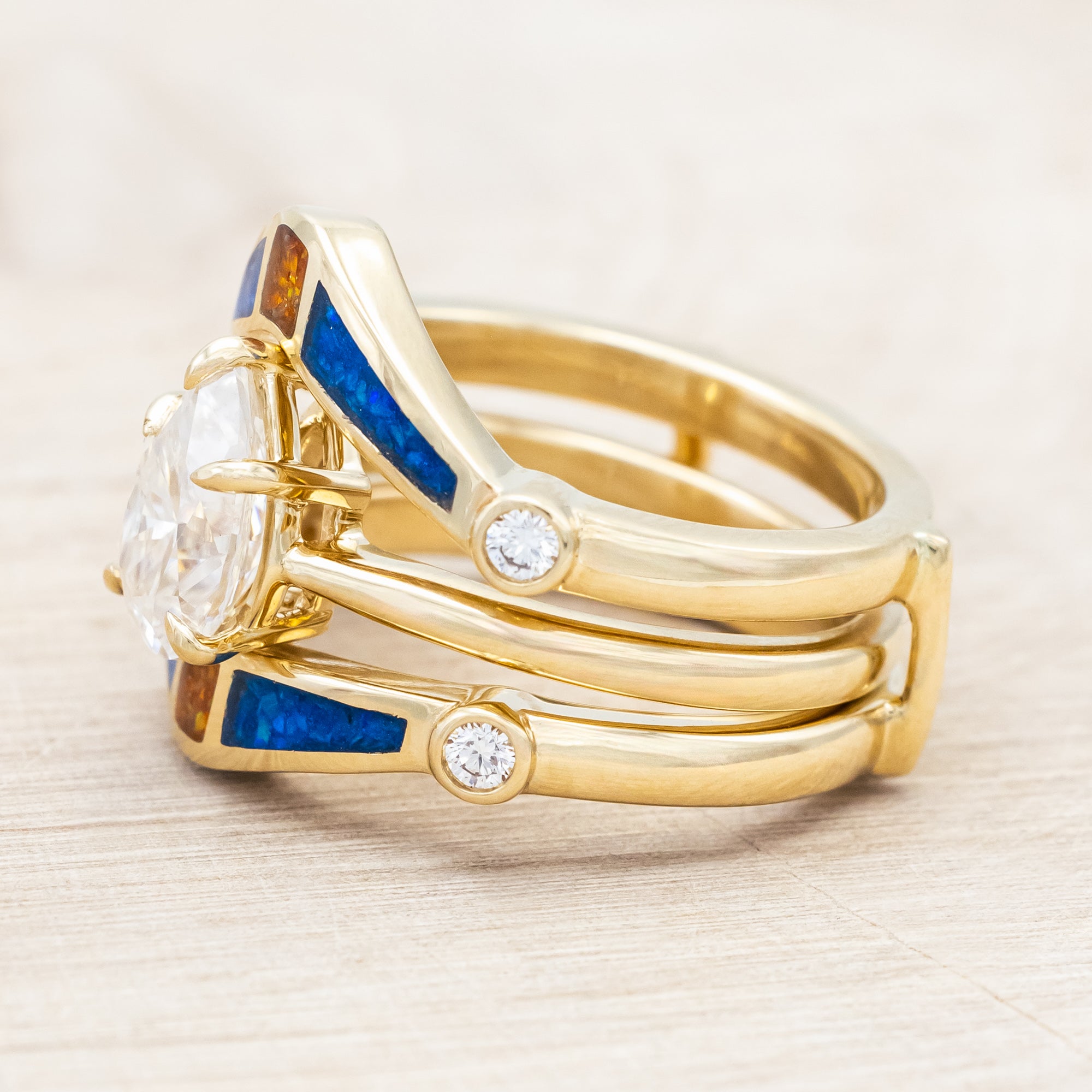 SOLITAIRE PEAR CUT MOISSANITE ENGAGEMENT RING WITH ORANGE & BLUE OPAL INLAID RING GUARD-Staghead Designs