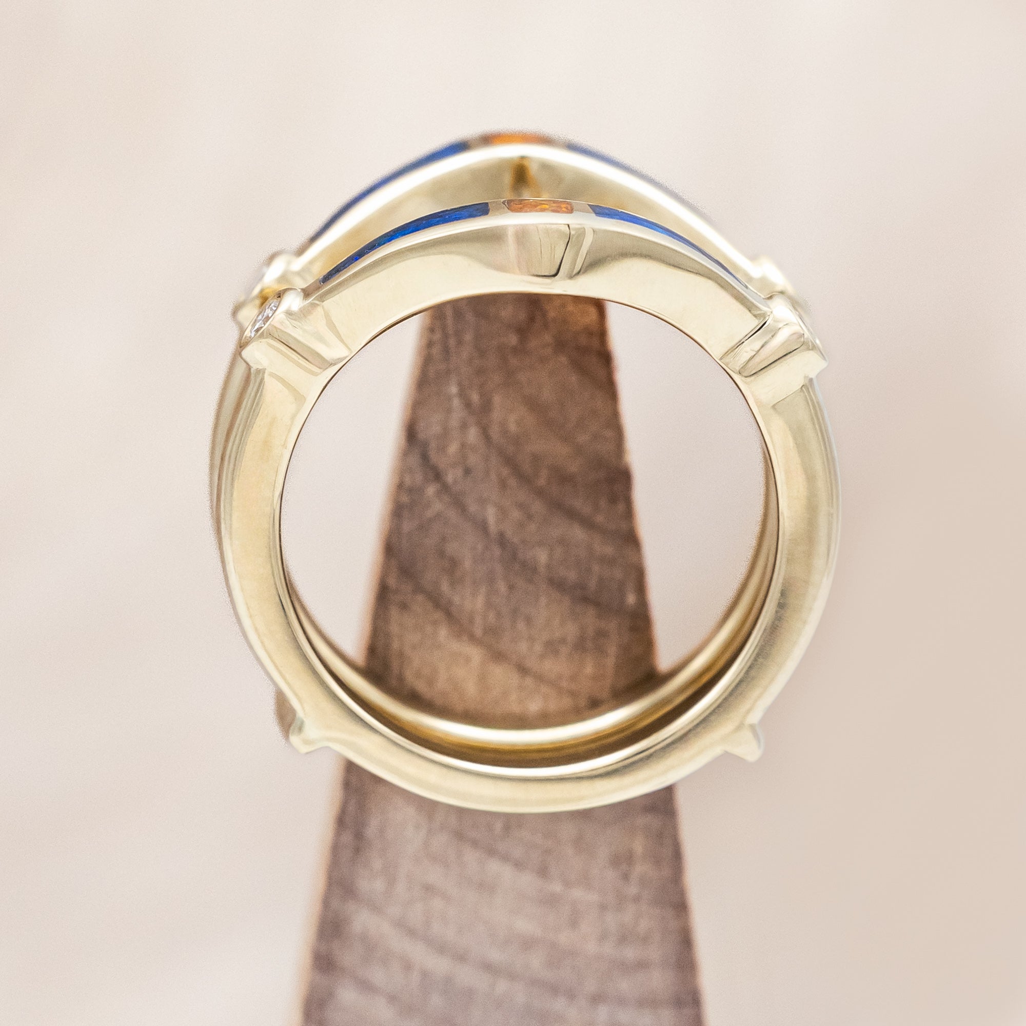 SOLITAIRE PEAR CUT MOISSANITE ENGAGEMENT RING WITH ORANGE & BLUE OPAL INLAID RING GUARD-Staghead Designs