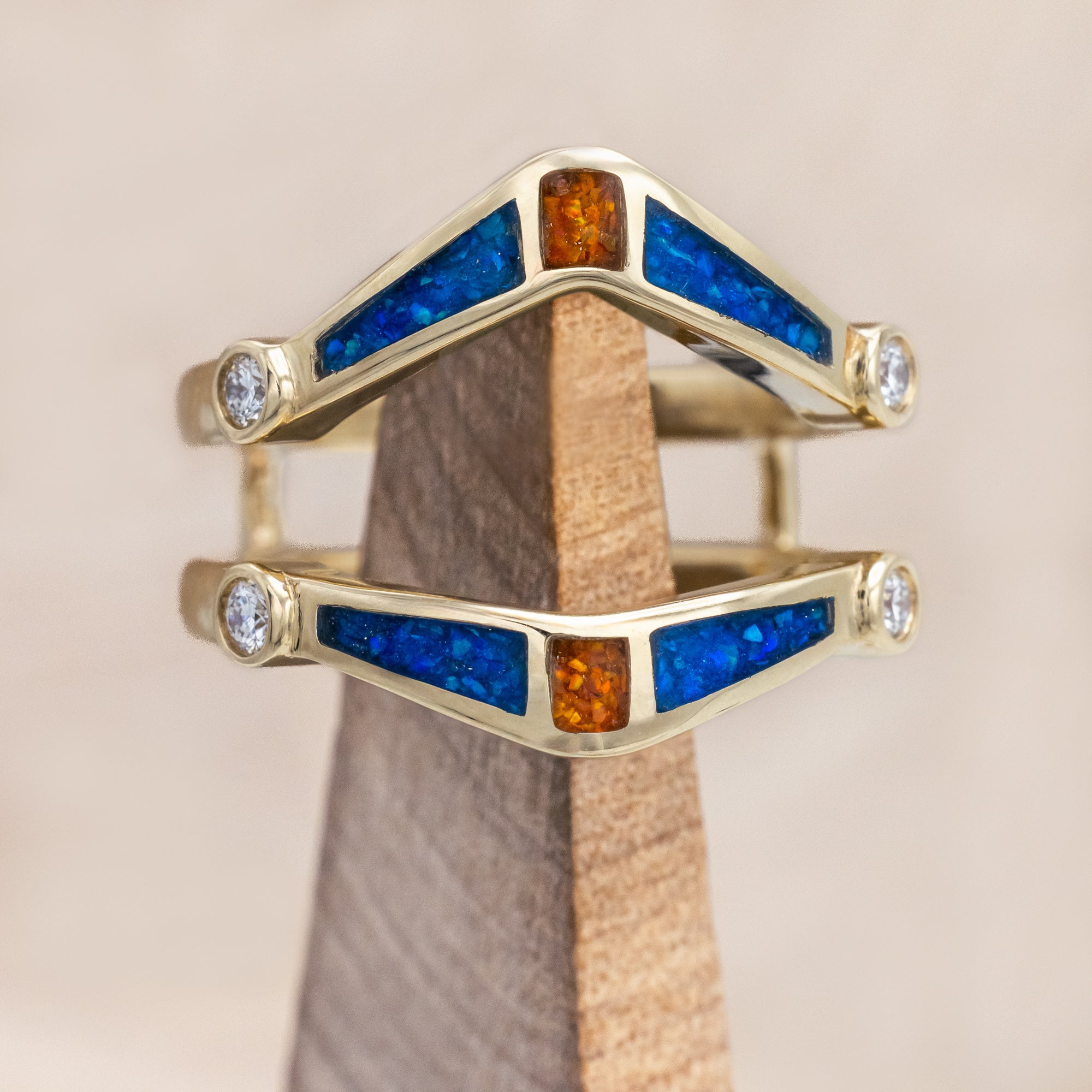 SOLITAIRE PEAR CUT MOISSANITE ENGAGEMENT RING WITH ORANGE & BLUE OPAL INLAID RING GUARD-Staghead Designs