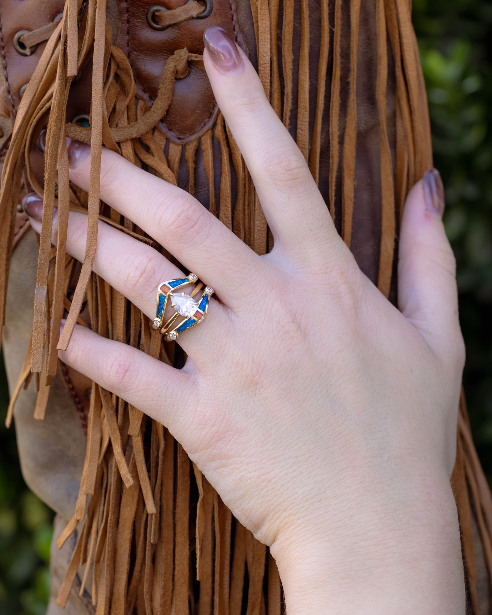 SOLITAIRE PEAR CUT MOISSANITE ENGAGEMENT RING WITH ORANGE & BLUE OPAL INLAID RING GUARD-Staghead Designs