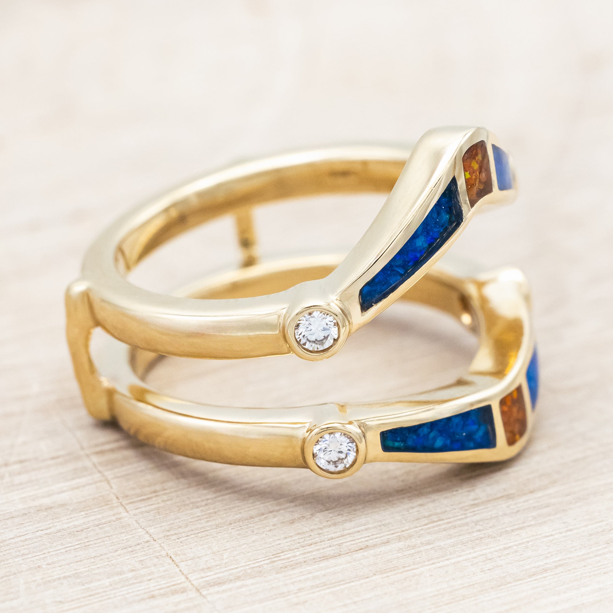 SOLITAIRE PEAR CUT MOISSANITE ENGAGEMENT RING WITH ORANGE & BLUE OPAL INLAID RING GUARD-Staghead Designs