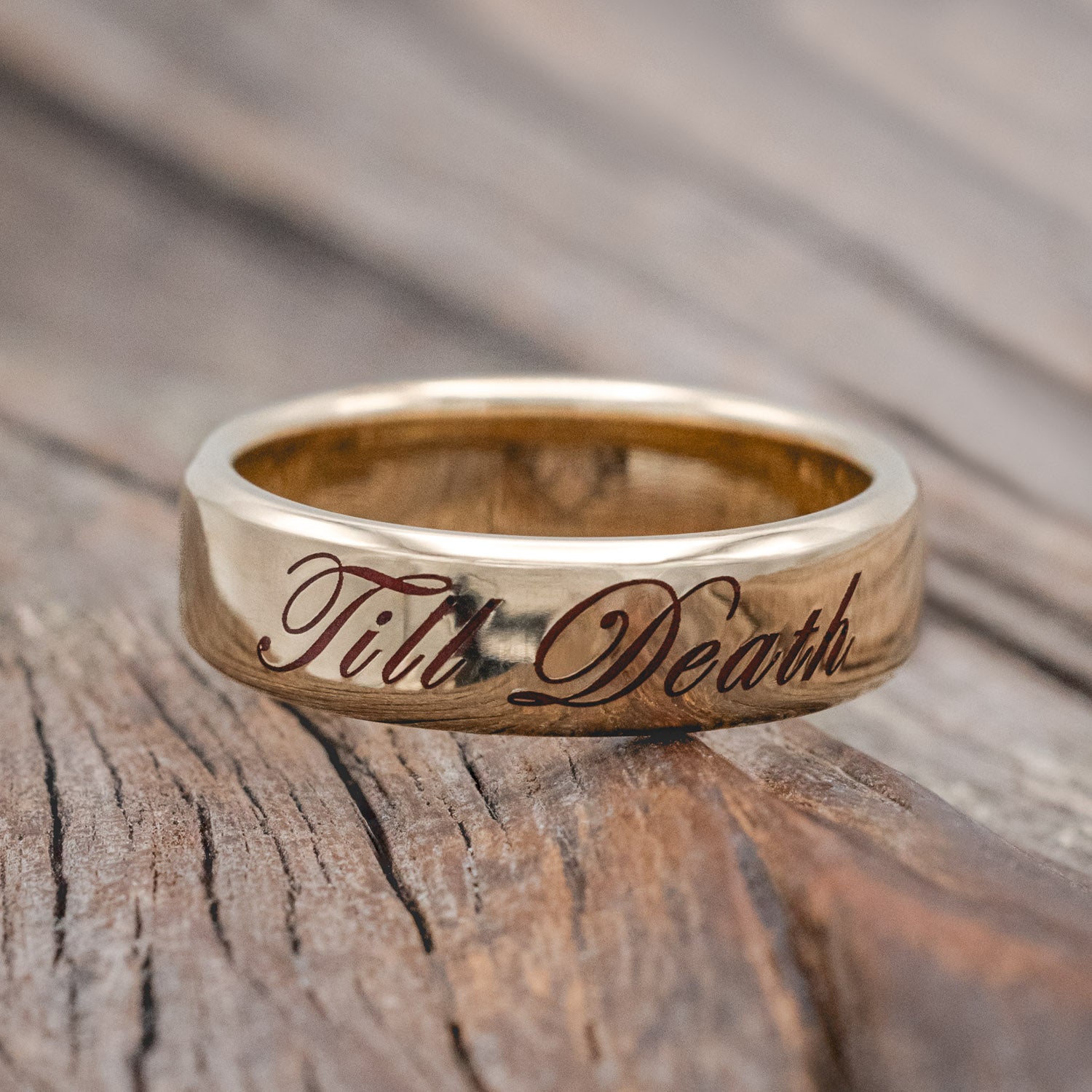 "Till Death" Glowing Engraved Wedding Ring | Staghead Designs "Till Death" Glowing Engraved Wedding Ring | Staghead Designs