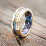 "TRITON" - WAVE ENGRAVED WEDDING BAND WITH PAUA SHELL INLAY & LINING-Staghead Designs