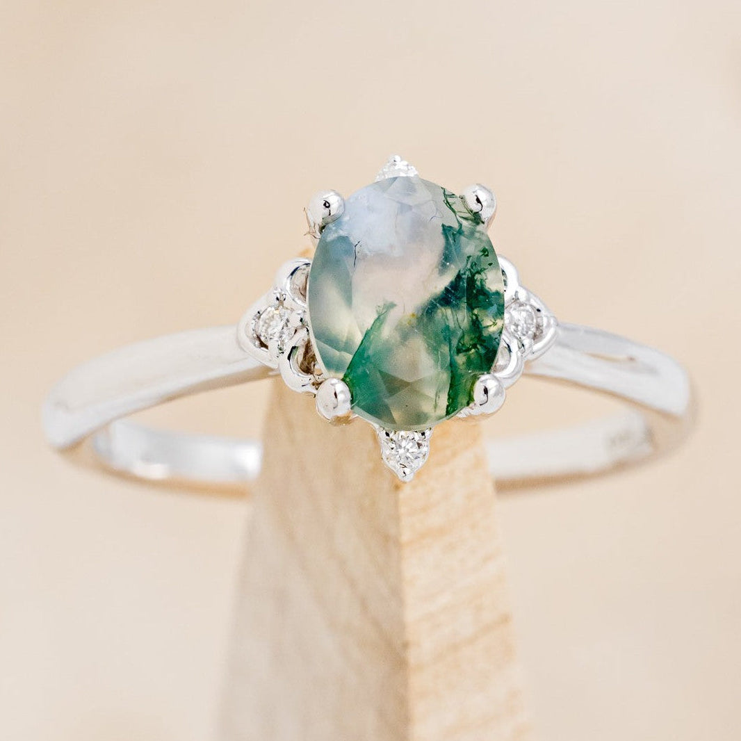 "ZELLA" - OVAL MOSS AGATE ENGAGEMENT RING WITH DIAMOND ACCENTS-1