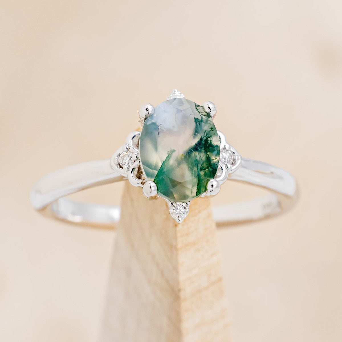 "ZELLA" - OVAL MOSS AGATE ENGAGEMENT RING WITH DIAMOND ACCENTS-1