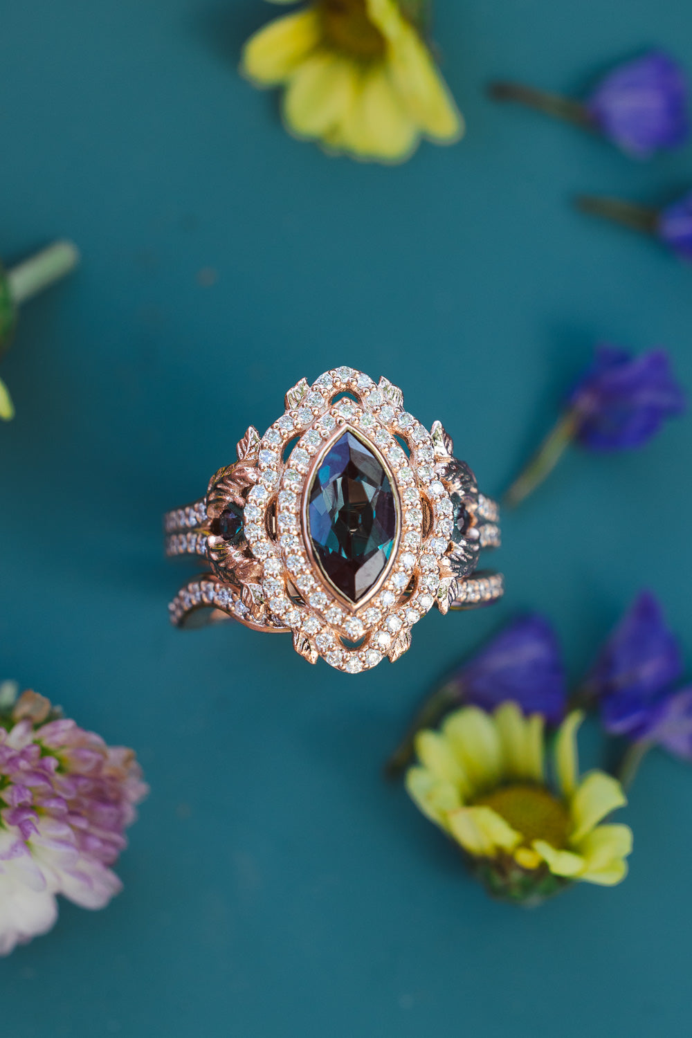 "ADELE" - MARQUISE CUT LAB-GROWN ALEXANDRITE ENGAGEMENT RING WITH LAB-GROWN ALEXANDRITE ACCENTS, DIAMOND HALO & TRACER-Staghead Designs