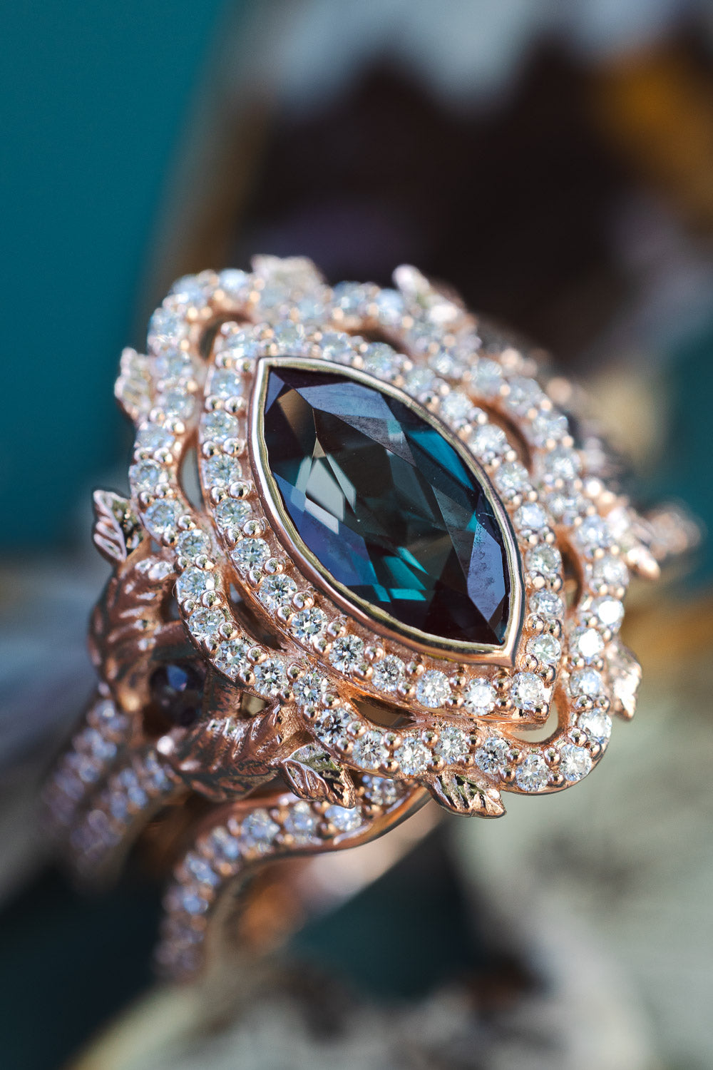 "ADELE" - MARQUISE CUT LAB-GROWN ALEXANDRITE ENGAGEMENT RING WITH LAB-GROWN ALEXANDRITE ACCENTS, DIAMOND HALO & TRACER-Staghead Designs