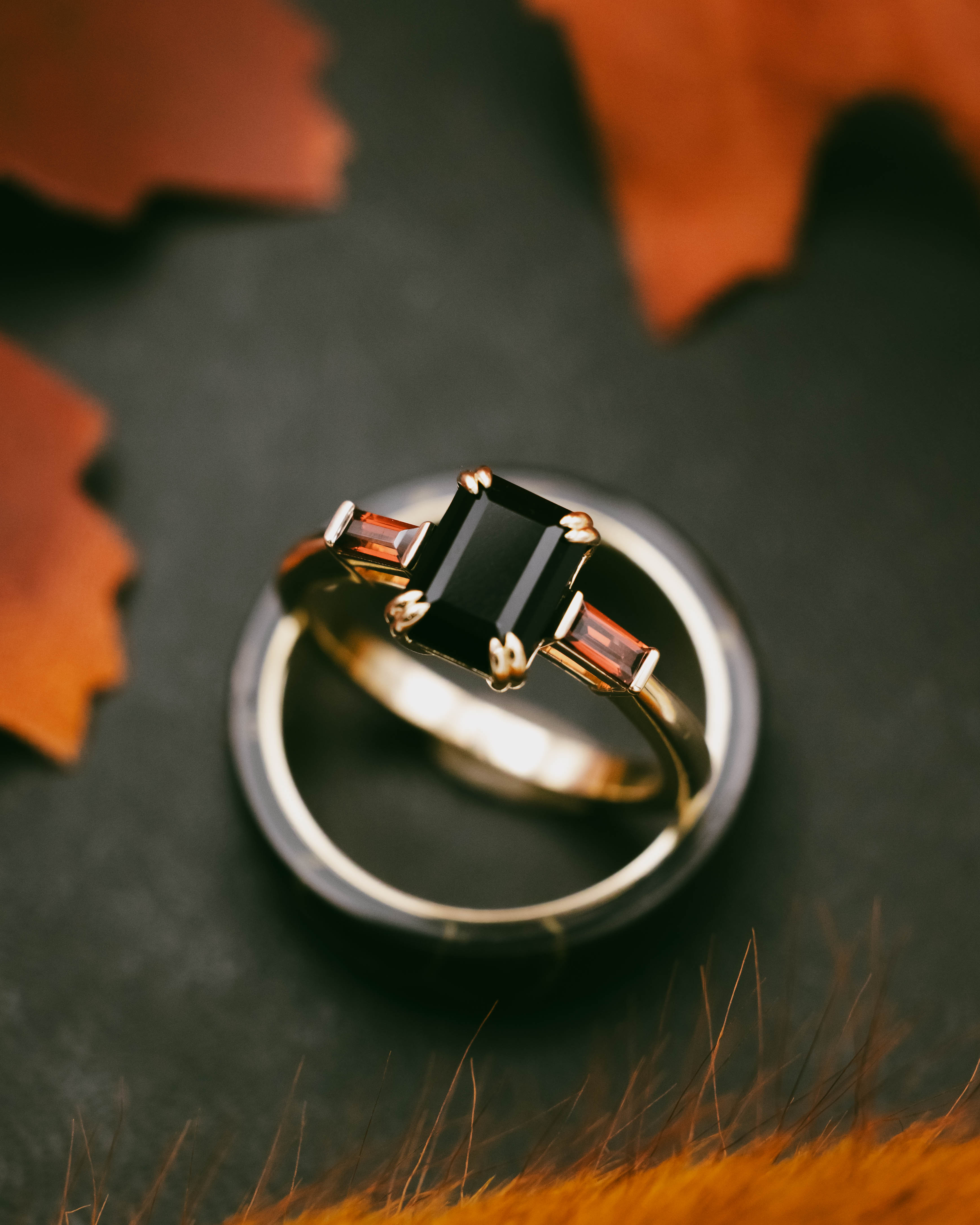 "ALBINA" - EMERALD CUT BLACK ONYX ENGAGEMENT RING WITH DOUBLE CLAW PRONGS AND MOZAMBIQUE GARNET ACCENTS-Staghead Designs