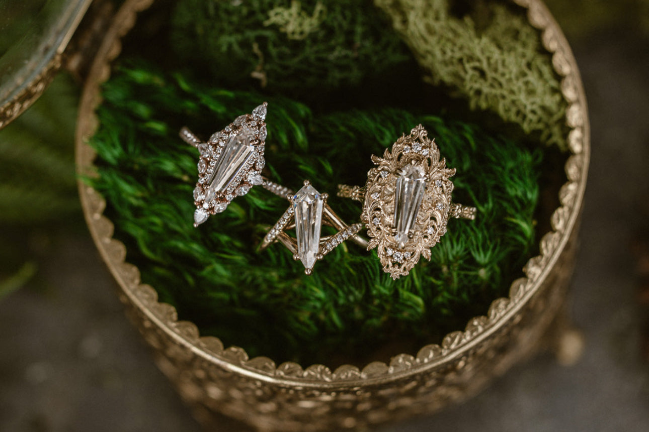 "NORTH STAR" - DAGGER CUT MOISSANITE ENGAGEMENT RING WITH DIAMOND HALO & ACCENTS-Staghead Designs