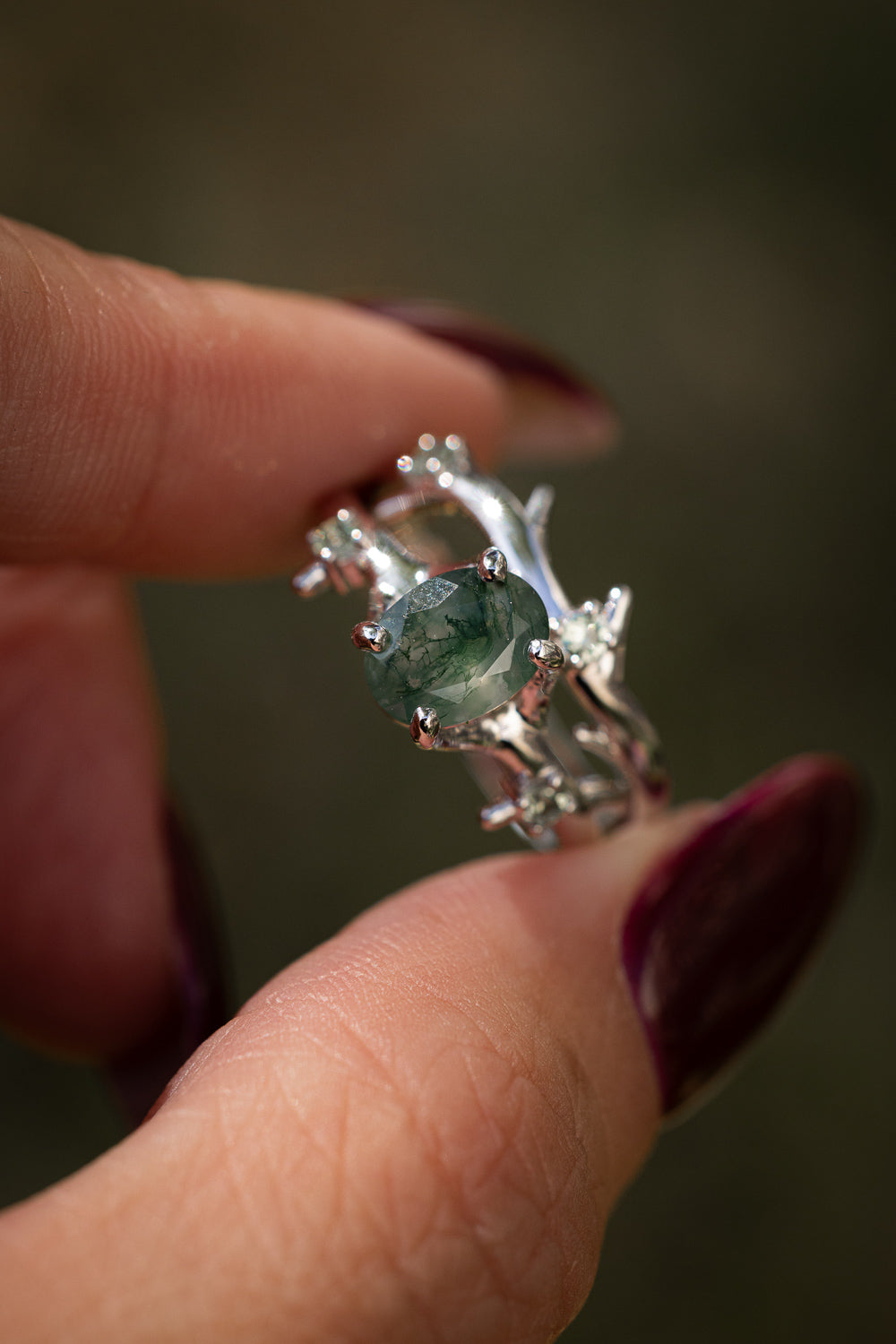 "ARTEMIS" - OVAL CUT MOSS AGATE ENGAGEMENT RING WITH DIAMOND ACCENTS & STACKING BAND-Staghead Designs