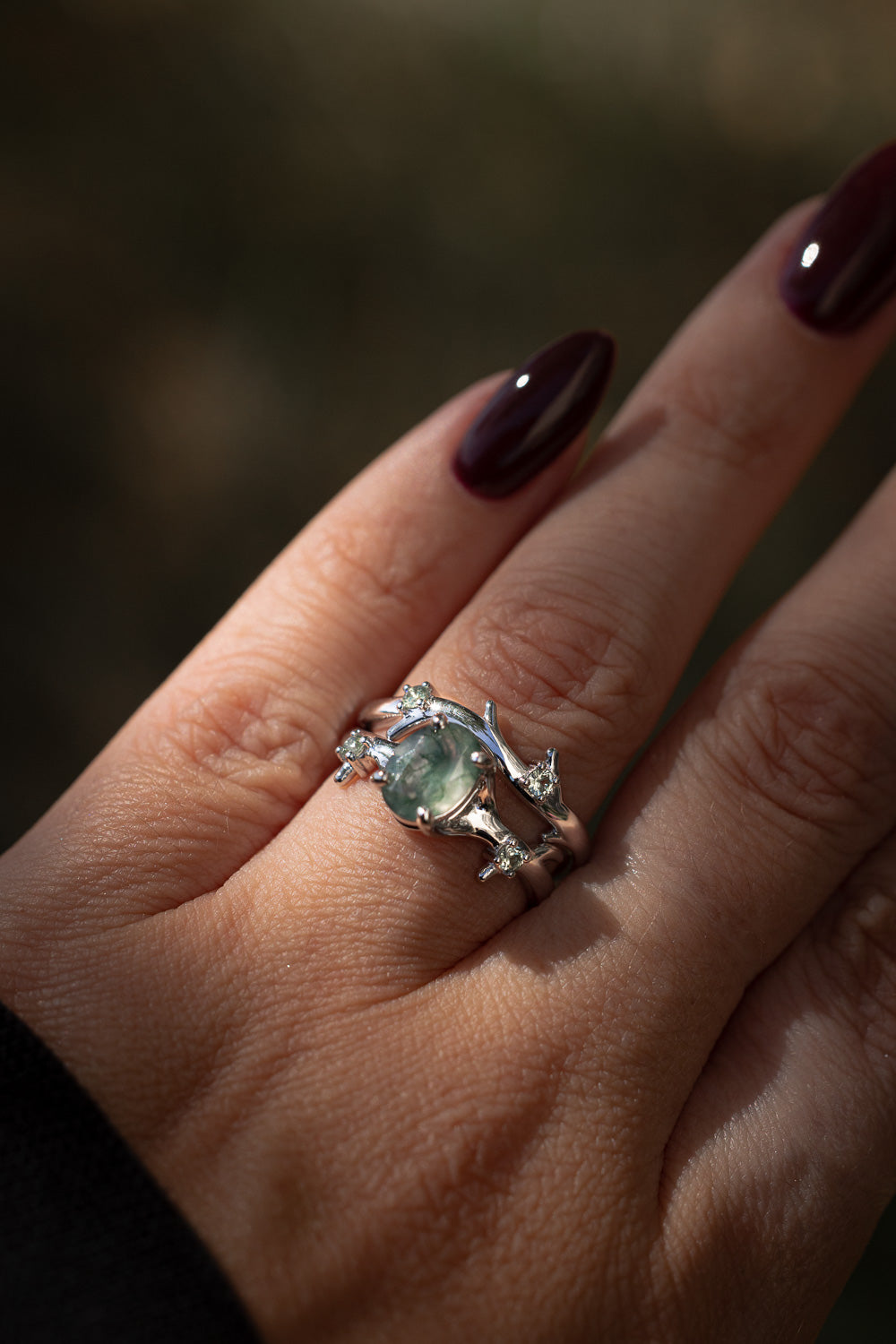 "ARTEMIS" - OVAL CUT MOSS AGATE ENGAGEMENT RING WITH DIAMOND ACCENTS & STACKING BAND-Staghead Designs