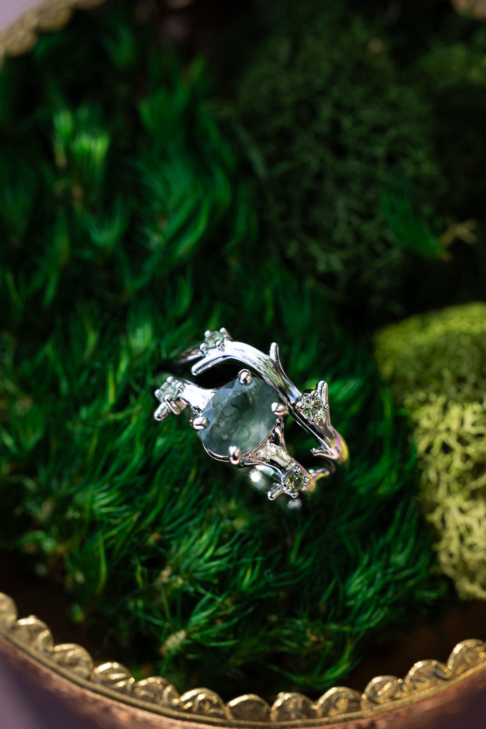 "ARTEMIS" - OVAL CUT MOSS AGATE ENGAGEMENT RING WITH DIAMOND ACCENTS & STACKING BAND-Staghead Designs