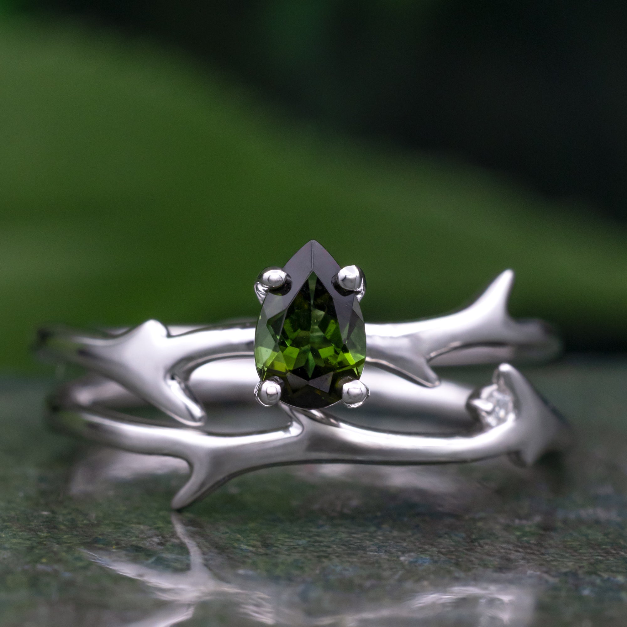 "ARTEMIS" - PEAR CUT GREEN TOURMALINE ENGAGEMENT RING WITH AN ANTLER-STYLE STACKING BAND AND DIAMOND ACCENT-Staghead Designs