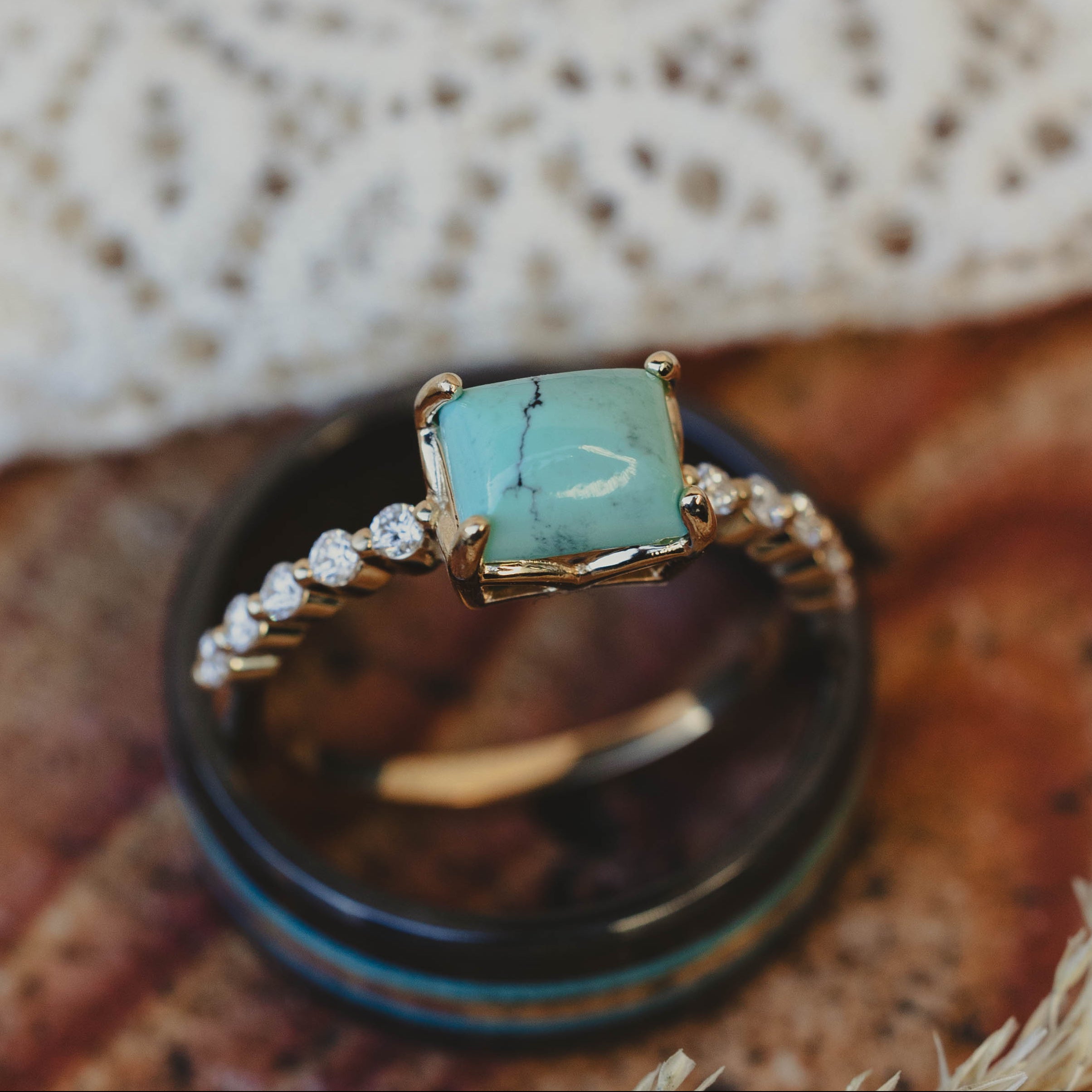 "Azura" - Emerald Cabochon Cut Turquoise Engagement Ring With Diamond Accents-Staghead Designs
