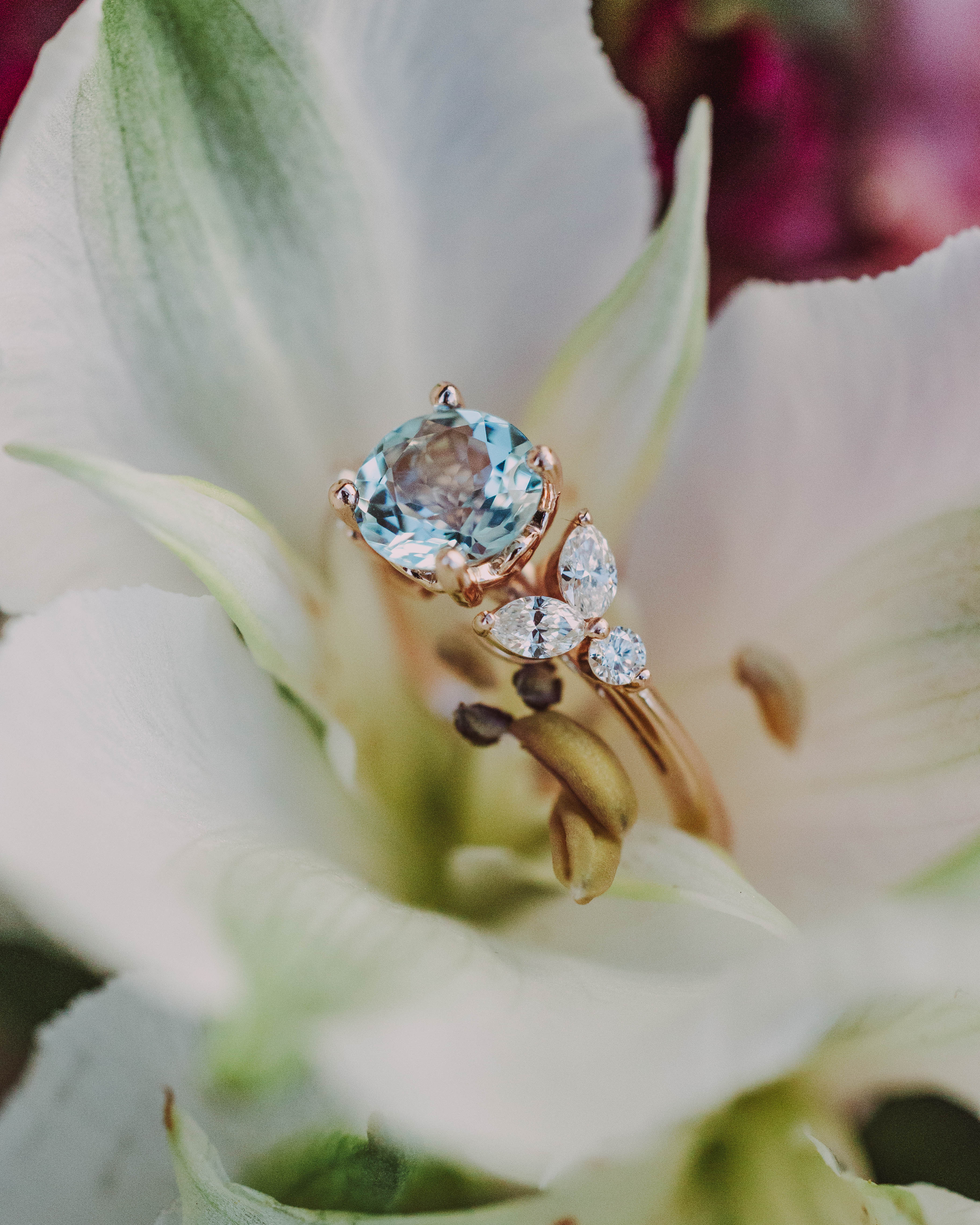 "BLOSSOM" - ROUND CUT AQUAMARINE ENGAGEMENT RING WITH DIAMOND ACCENTS-Staghead Designs