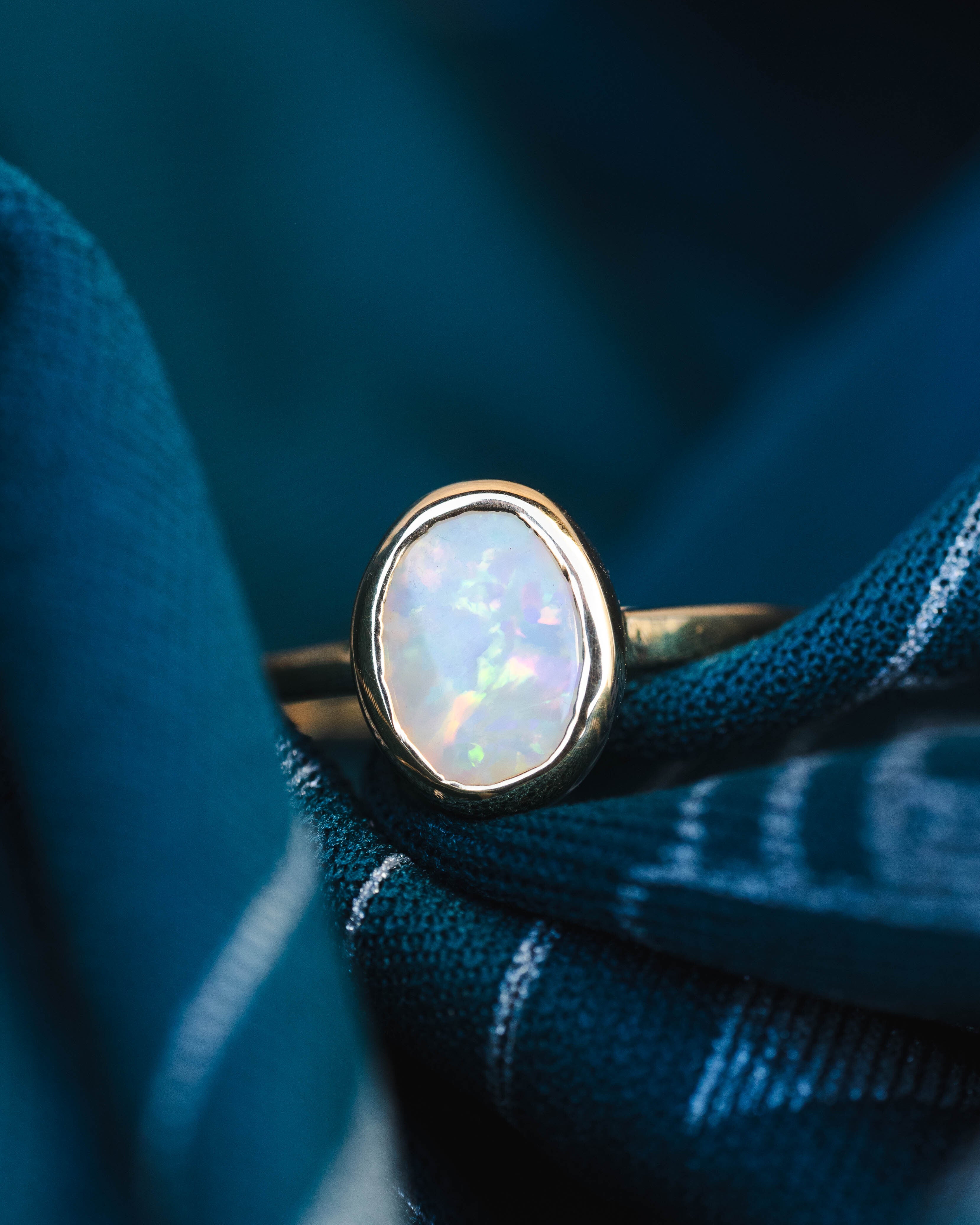 ONE-OF-A-KIND - "CALLISTO" - SOLITAIRE OVAL CABOCHON CUT WHITE OPAL ENGAGEMENT RING-Staghead Designs
