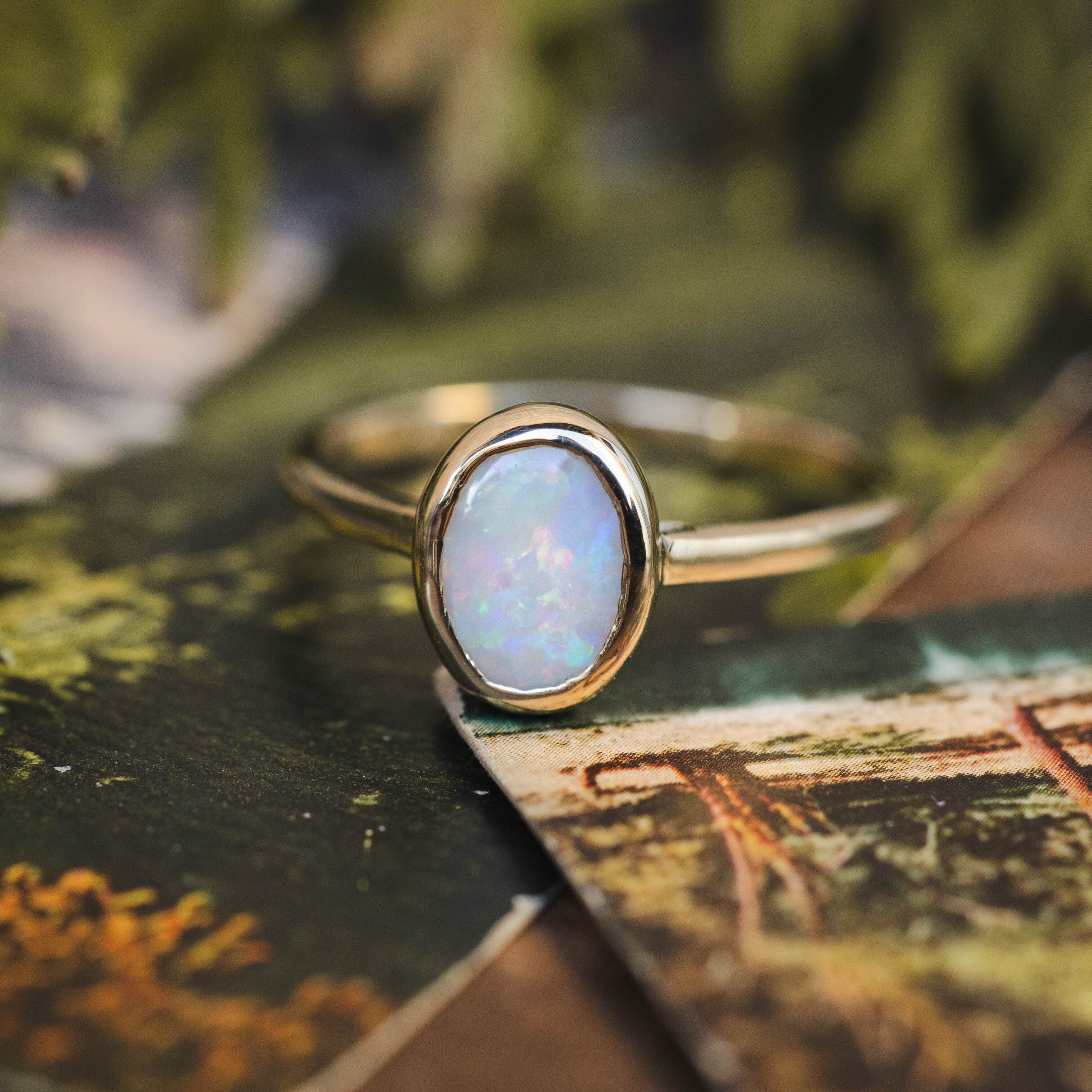 ONE-OF-A-KIND - "CALLISTO" - SOLITAIRE OVAL CABOCHON CUT WHITE OPAL ENGAGEMENT RING-Staghead Designs