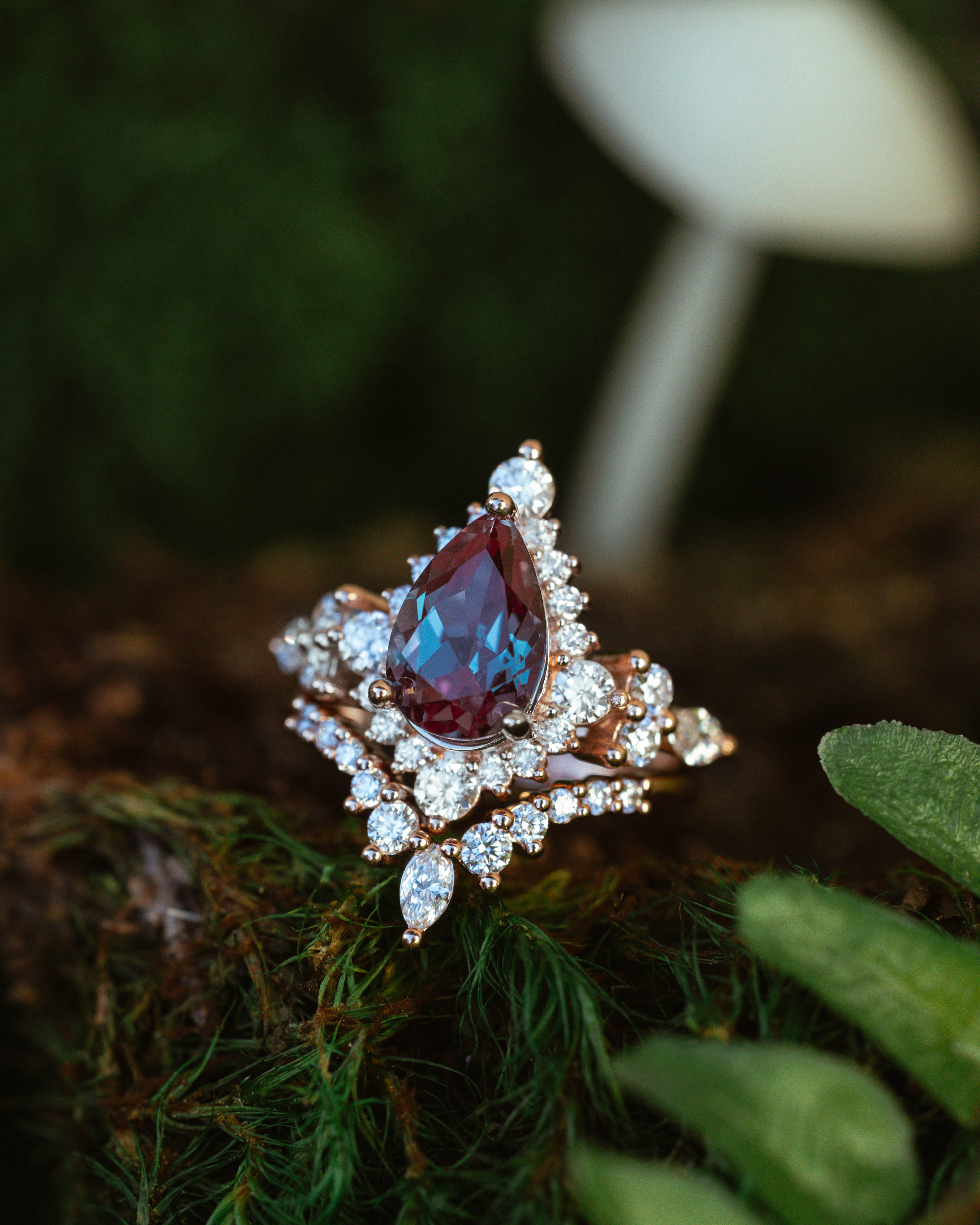 PEAR CUT LAB-GROWN ALEXANDRITE ENGAGEMENT RING SET WITH DIAMOND ACCENTS & "SAGE" TRACER-Staghead Designs