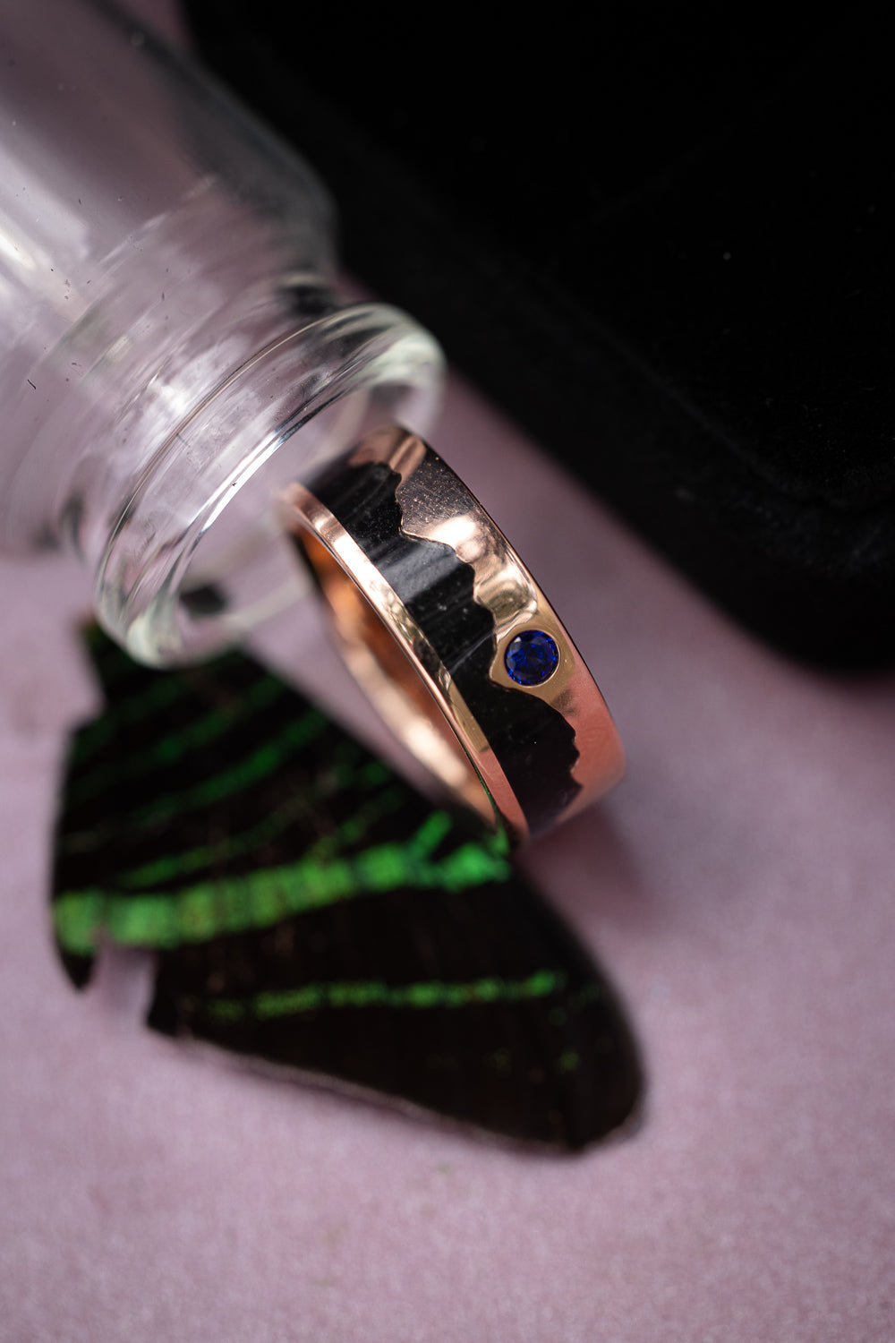 "Helios" - Jet Stone & Gold Mountain Range Wedding Ring Featuring A Lab-Grown Gemstone-Staghead Designs