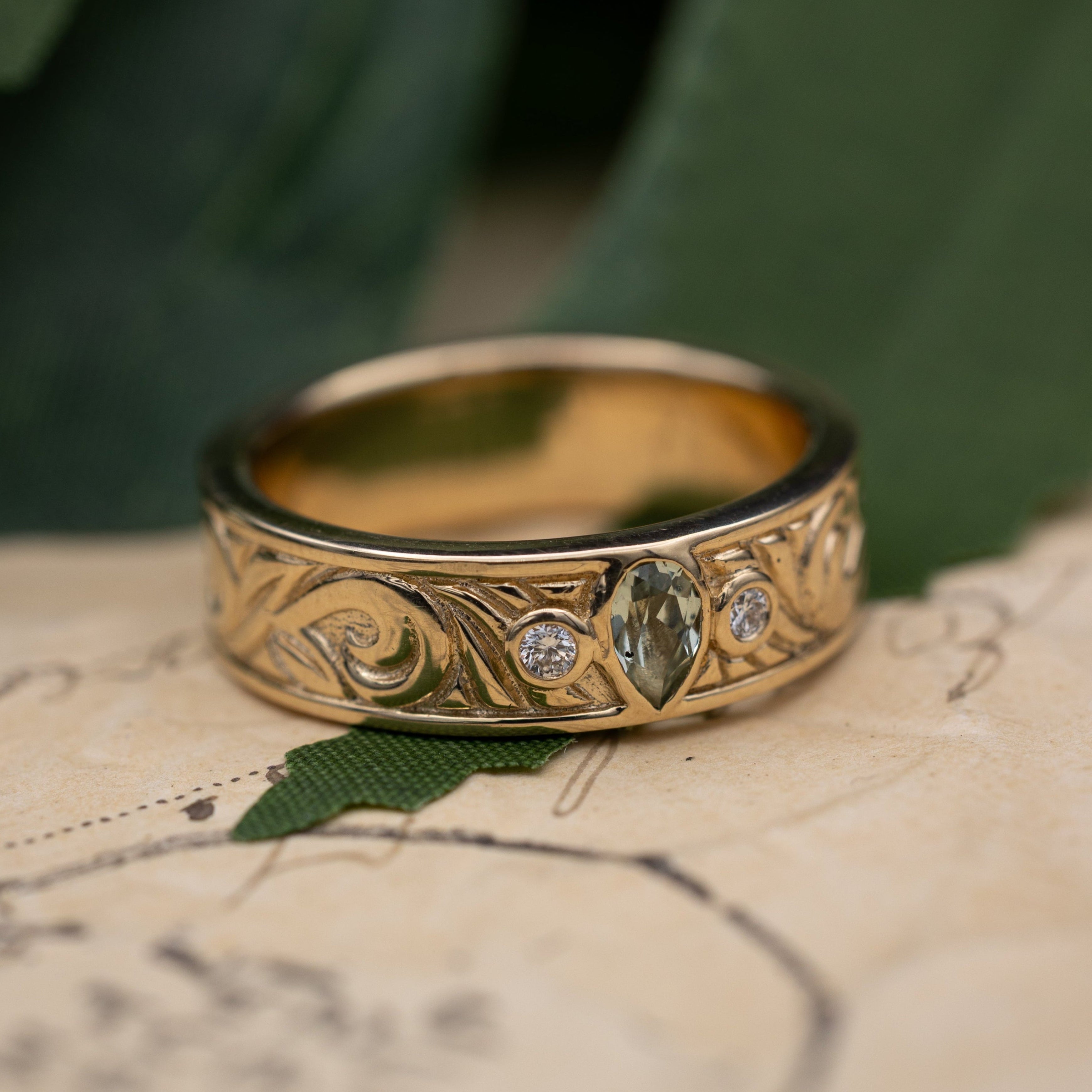 "Augustine" - Lab-Grown Green Sapphire Engagement Ring With Diamond Accents & Floral Filigree-Staghead Designs