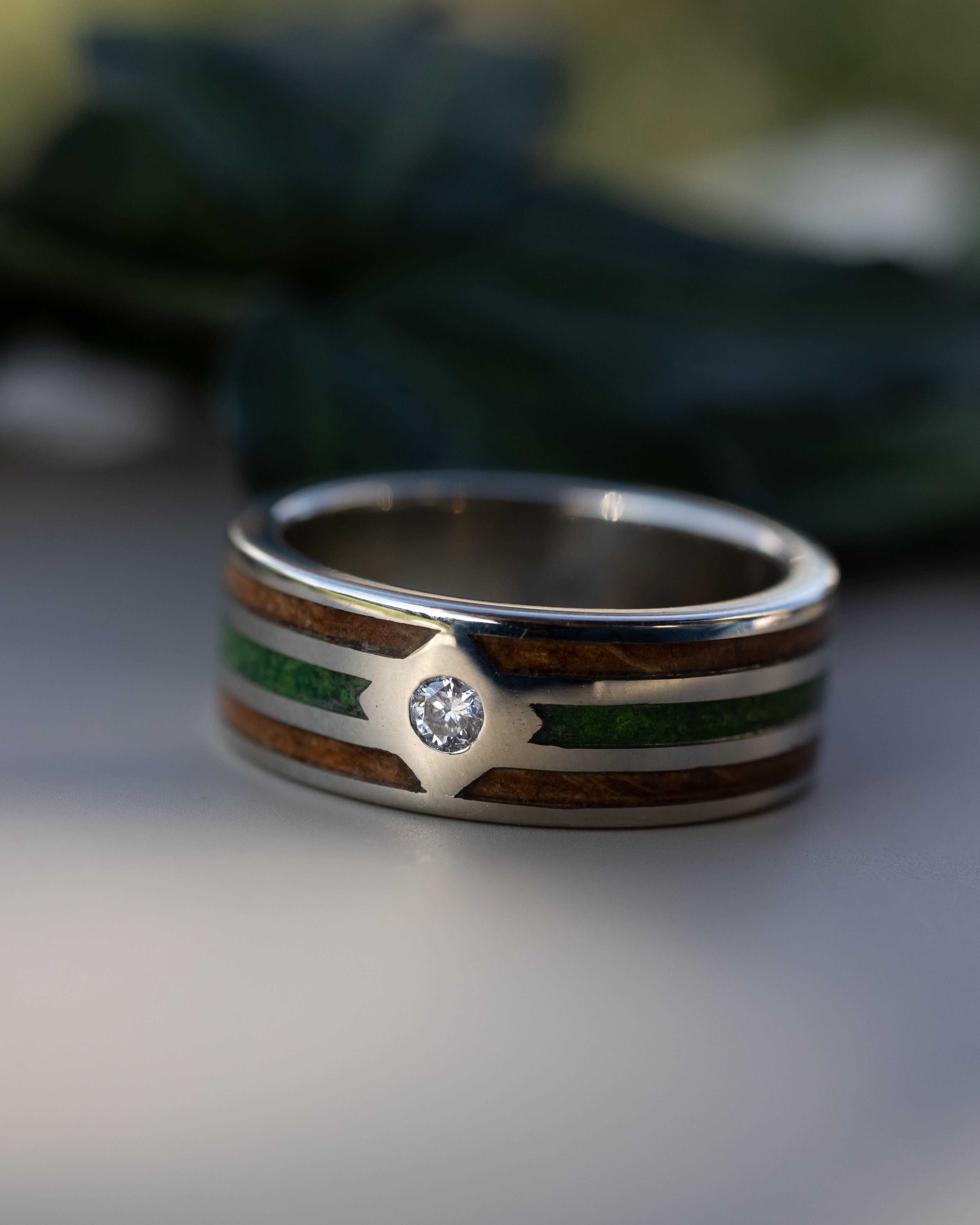 "Ellington" - Whiskey Barrel Oak & Moss Wedding Ring With Diamond Accent-Staghead Designs