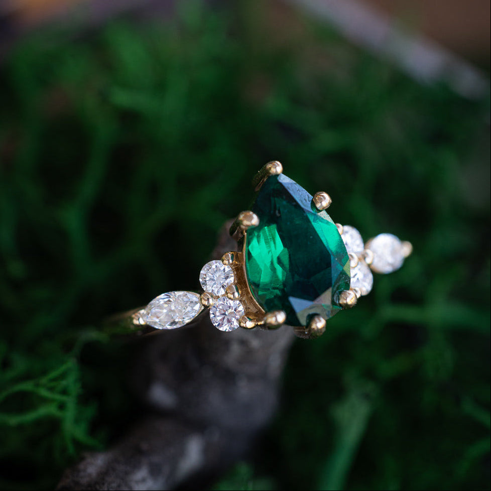 "Sage" - Pear Cut Lab-Grown Emerald Engagement Ring With Diamond Accents-Staghead Designs