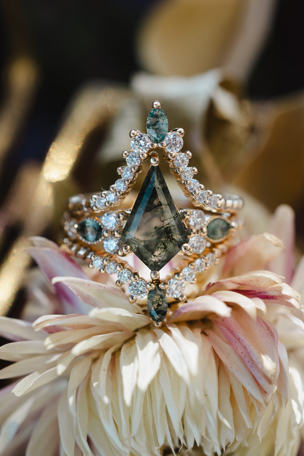 "SHIMMERING SAGE" - BRIDAL SUITE - KITE CUT MOSS AGATE ENGAGEMENT RING WITH MARQUISE MOSS AGATE ACCENTS & A DIAMOND TRACER-Staghead Designs