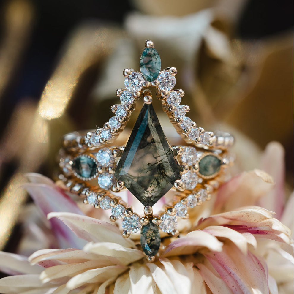 "SHIMMERING SAGE" - BRIDAL SUITE - KITE CUT MOSS AGATE ENGAGEMENT RING WITH MARQUISE MOSS AGATE ACCENTS & A DIAMOND TRACER-Staghead Designs