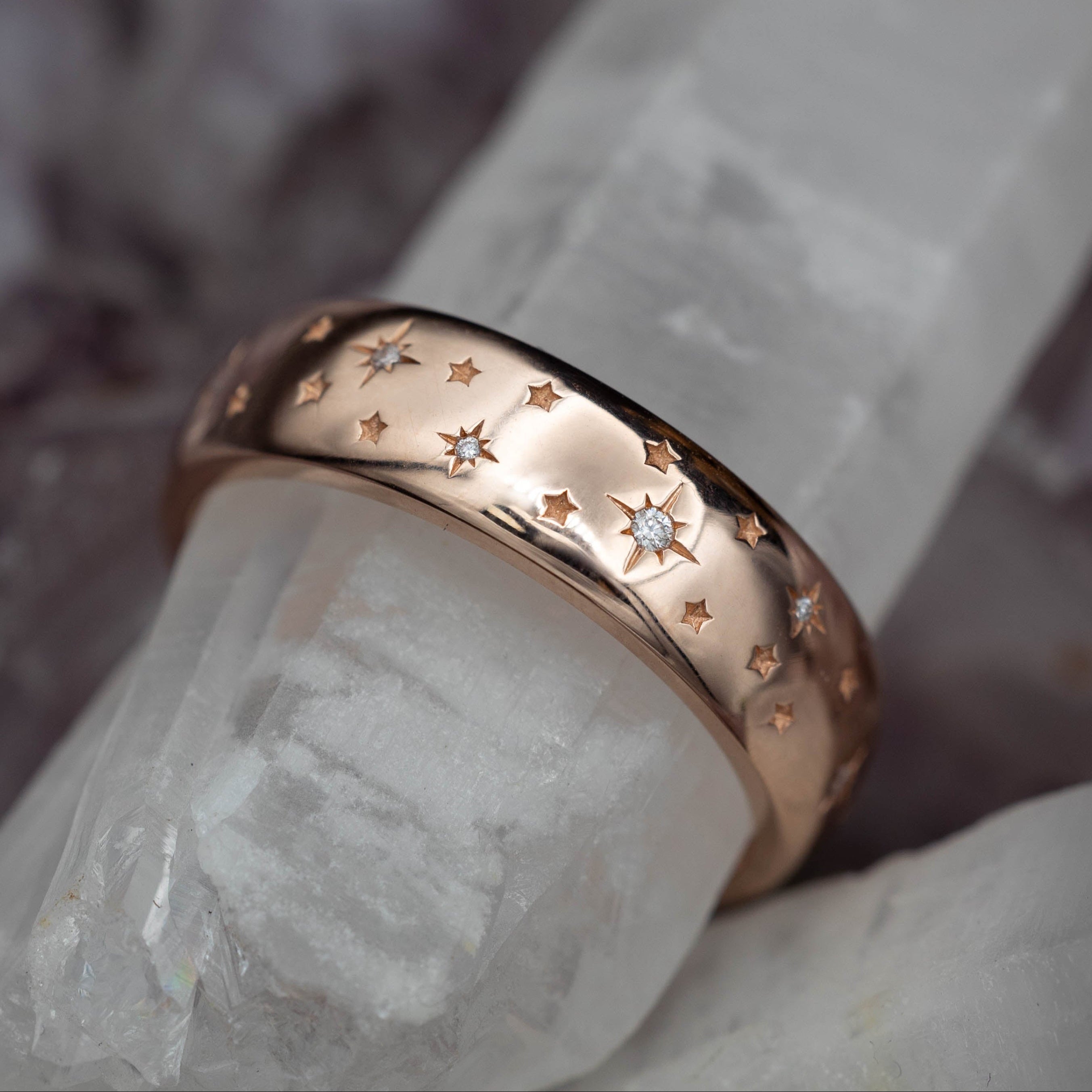 "ALTAIR" - CELESTIAL INSPIRED MEN'S WEDDING RING WITH STAR ENGAVINGS & DIAMOND ACCENTS-Staghead Designs
