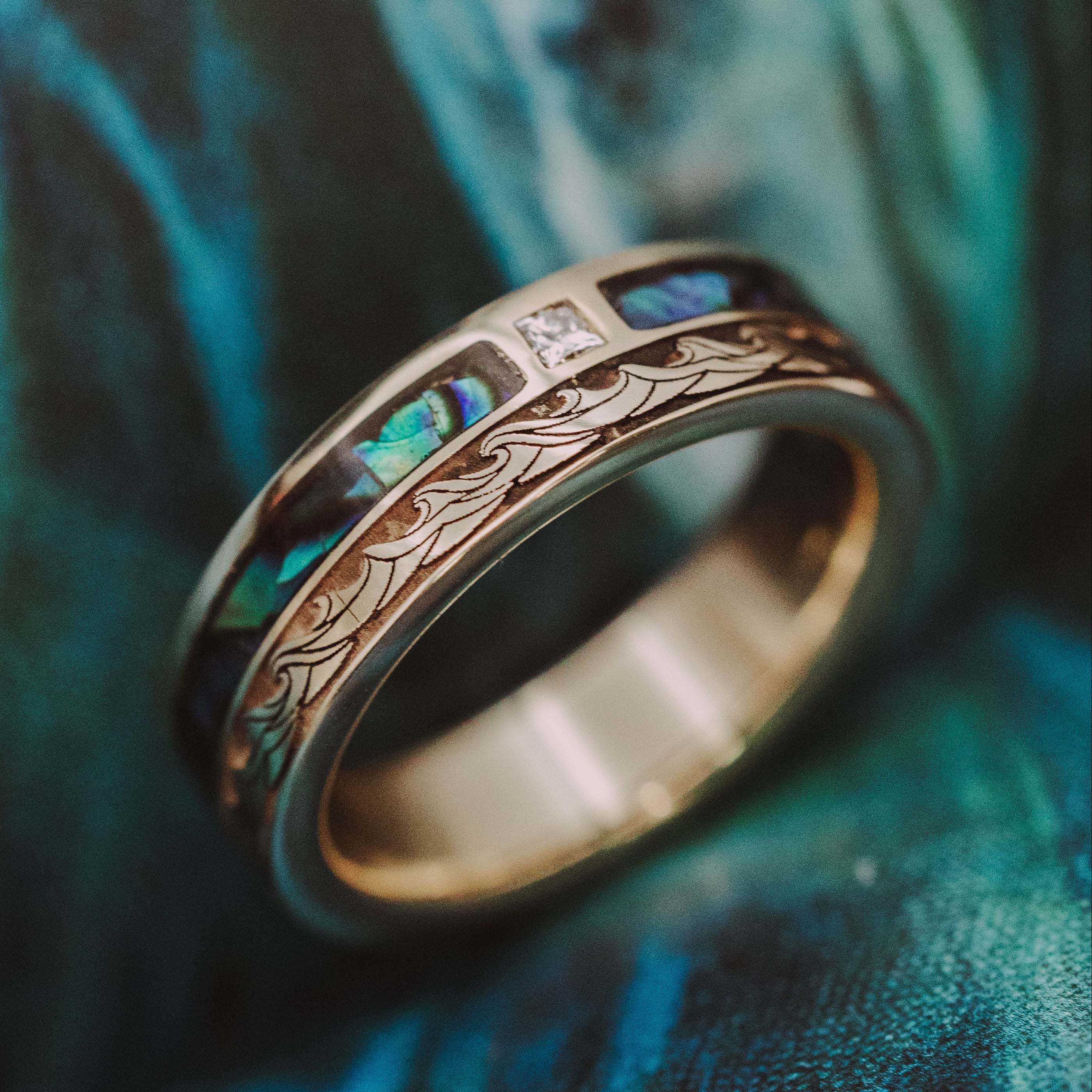"Sebastian" - Wave Engraved Wedding Band With Diamond And Paua Shell Inlay-Staghead Designs