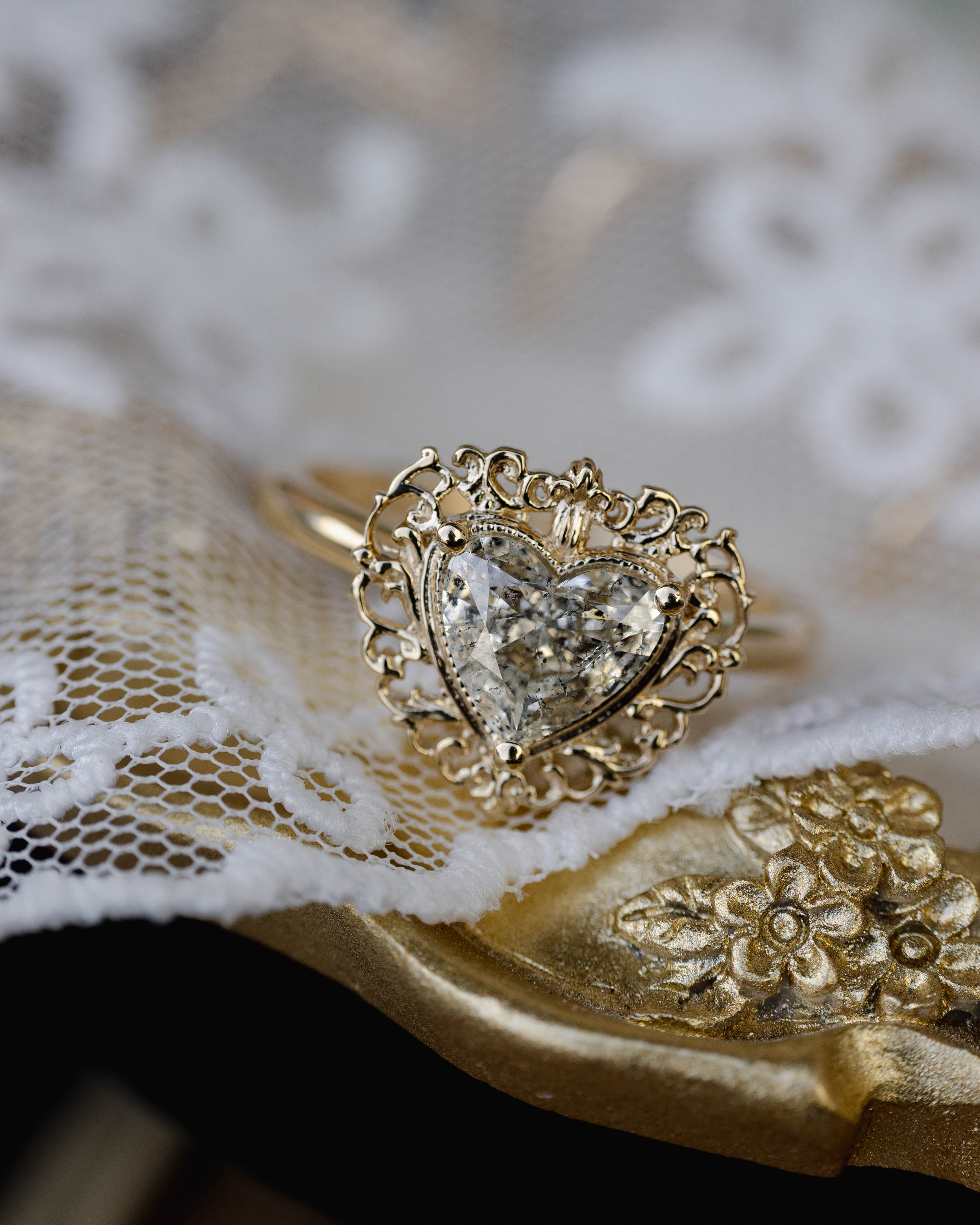 ONE-OF-A-KIND - "ADELAIDE" - SOLITAIRE HEART CUT SALT & PEPPER DIAMOND ENGAGEMENT RING WITH VINTAGE-STYLE FILIGREE-Staghead Designs