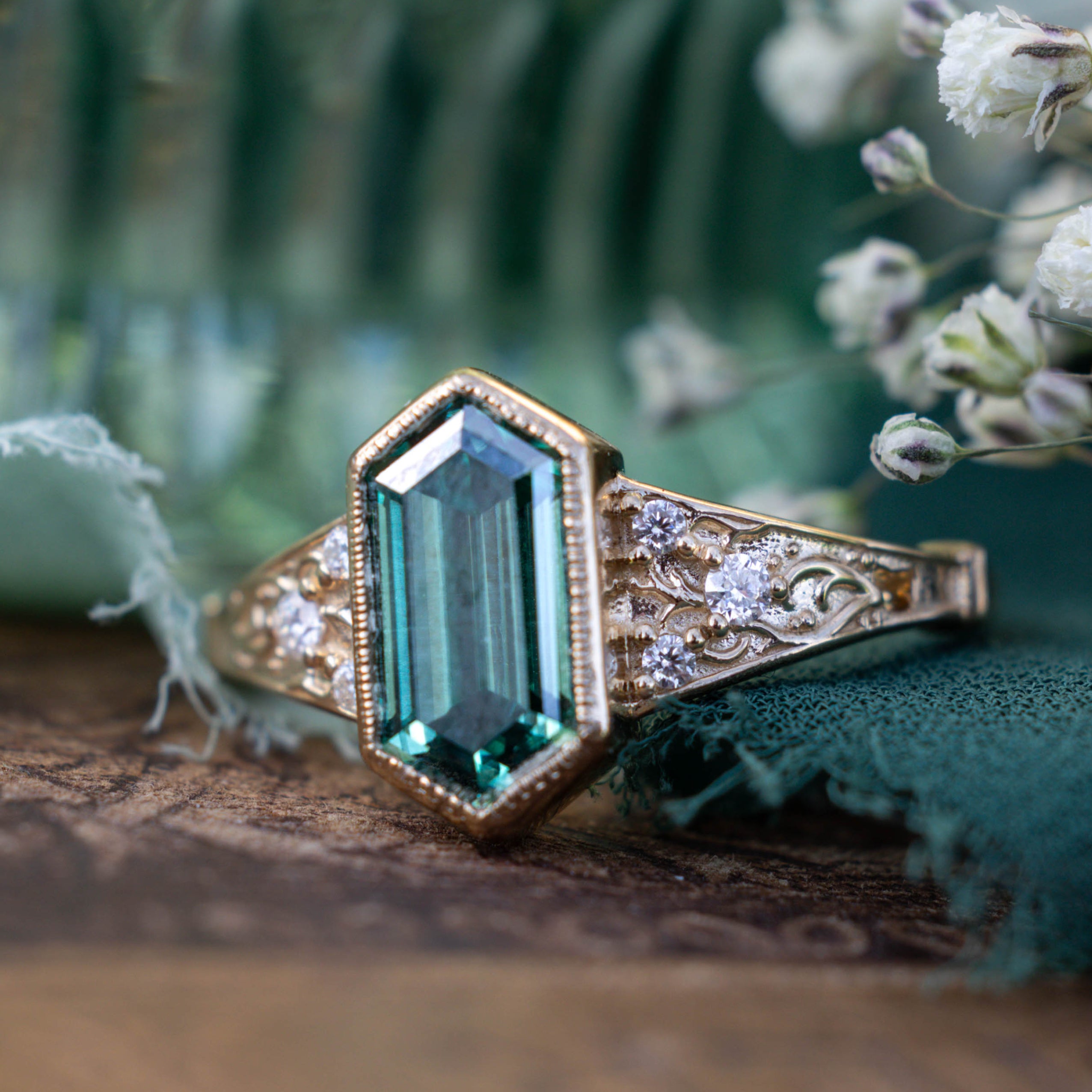 "ESTELLE" - ELONGATED HEXAGON CUT GREEN MOISSANITE ENGAGEMENT RING WITH CRESCENT MOON & DIAMOND ACCENTS-Staghead Designs