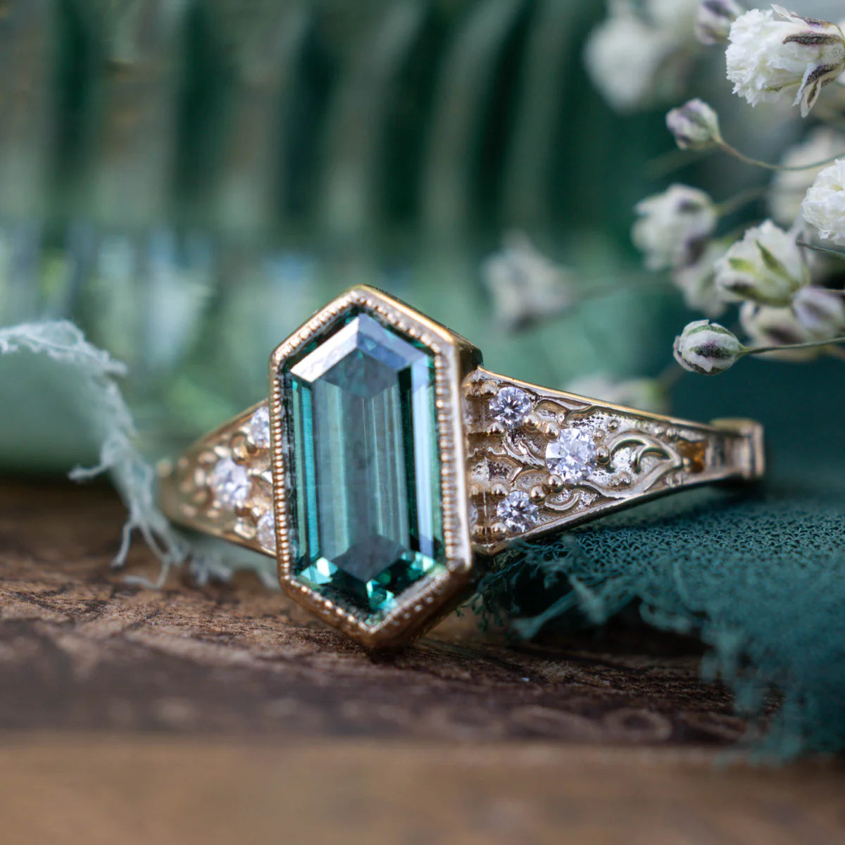 "Estelle" - Elongated Hexagon Cut Green Moissanite Engagement Ring With Crescent Moon & Diamond Accents - 14K Yellow Gold - Size 3 3/4