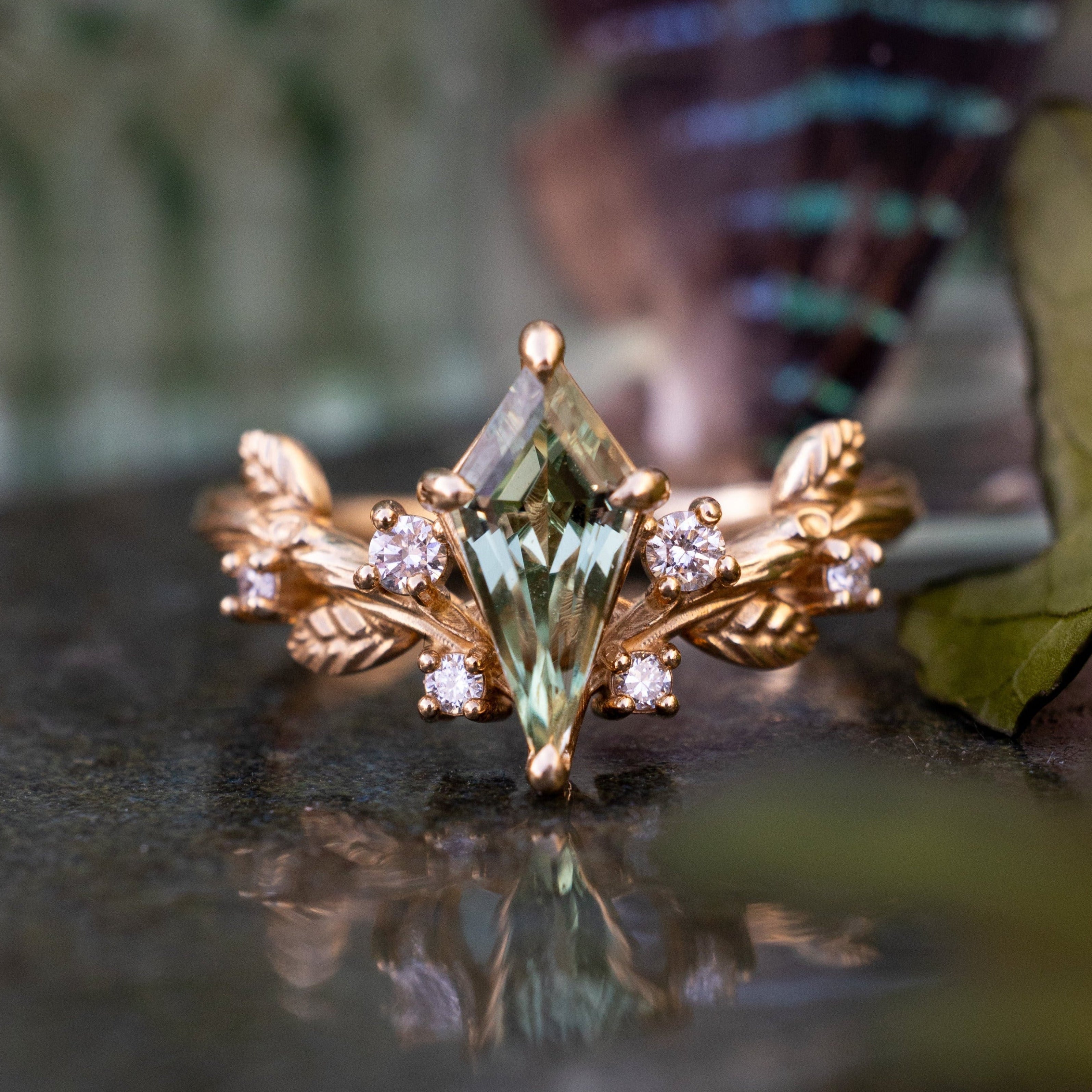 "ARTEMISIA" - KITE CUT LAB-GROWN GREEN SAPPHIRE ENGAGEMENT RING WITH DIAMOND ACCENTS-Staghead Designs