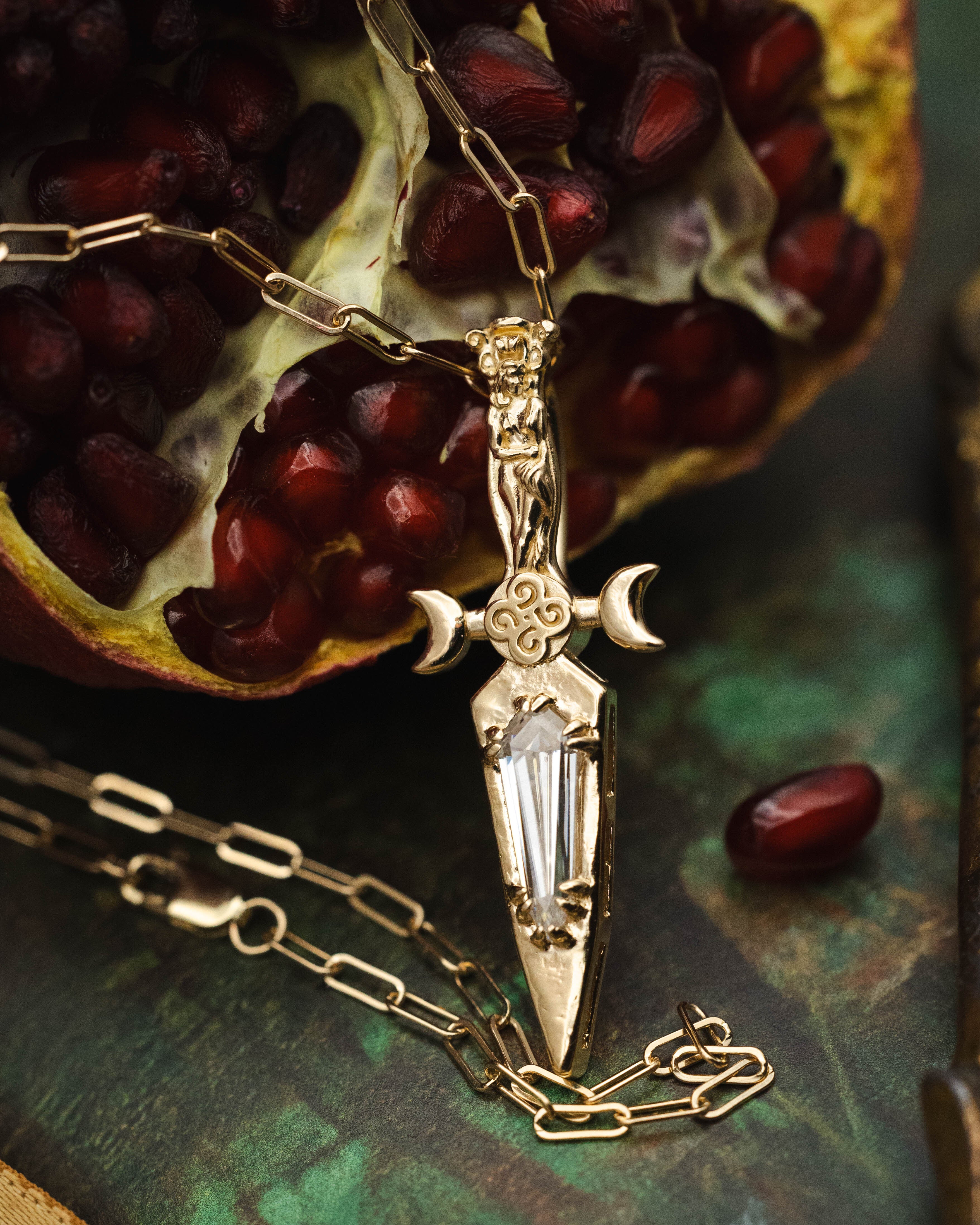 Goddess Dagger Pendant in 14K Gold with Moissanite