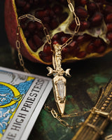 GODDESS DAGGER PENDANT IN 14K GOLD WITH AN ELONGATED KITE CUT MOISSANITE