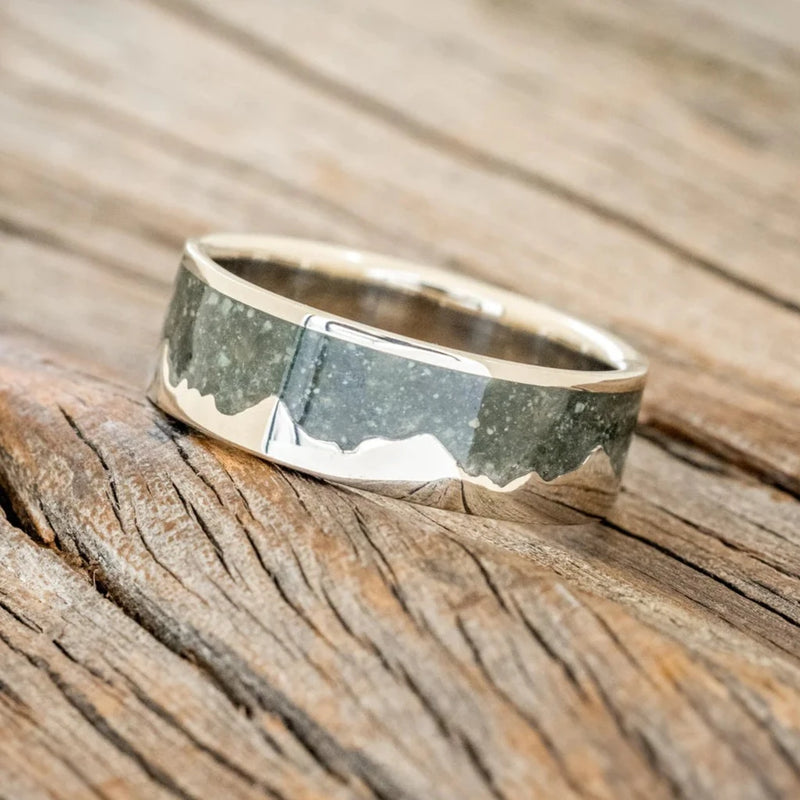 "HELIOS" -CRUSHED MOSS AGATE WHITE GOLD MOUNTAIN RANGE WEDDING RING - WG- 11 1/2-1