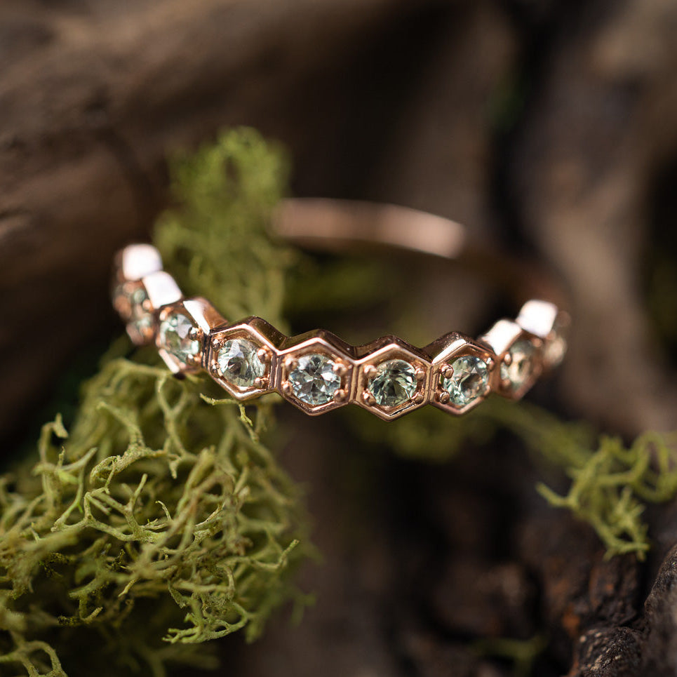 HEXAGON STACKING BAND WITH NATURAL GREEN SAPPHIRE ACCENTS-Staghead Designs