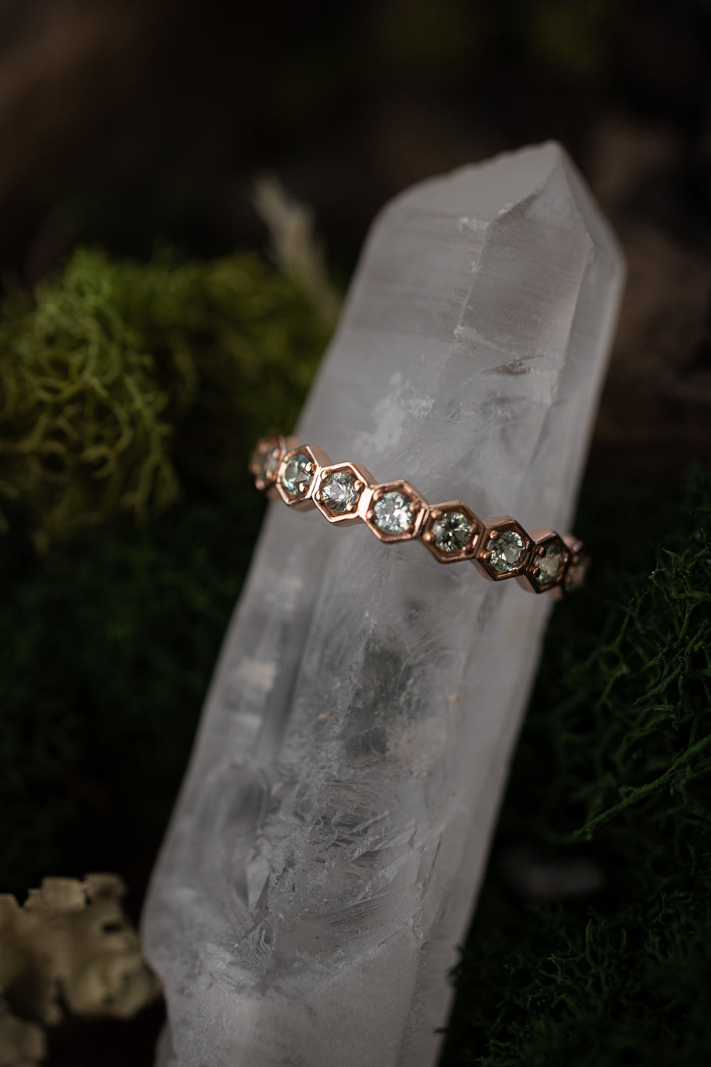 HEXAGON STACKING BAND WITH NATURAL GREEN SAPPHIRE ACCENTS-Staghead Designs