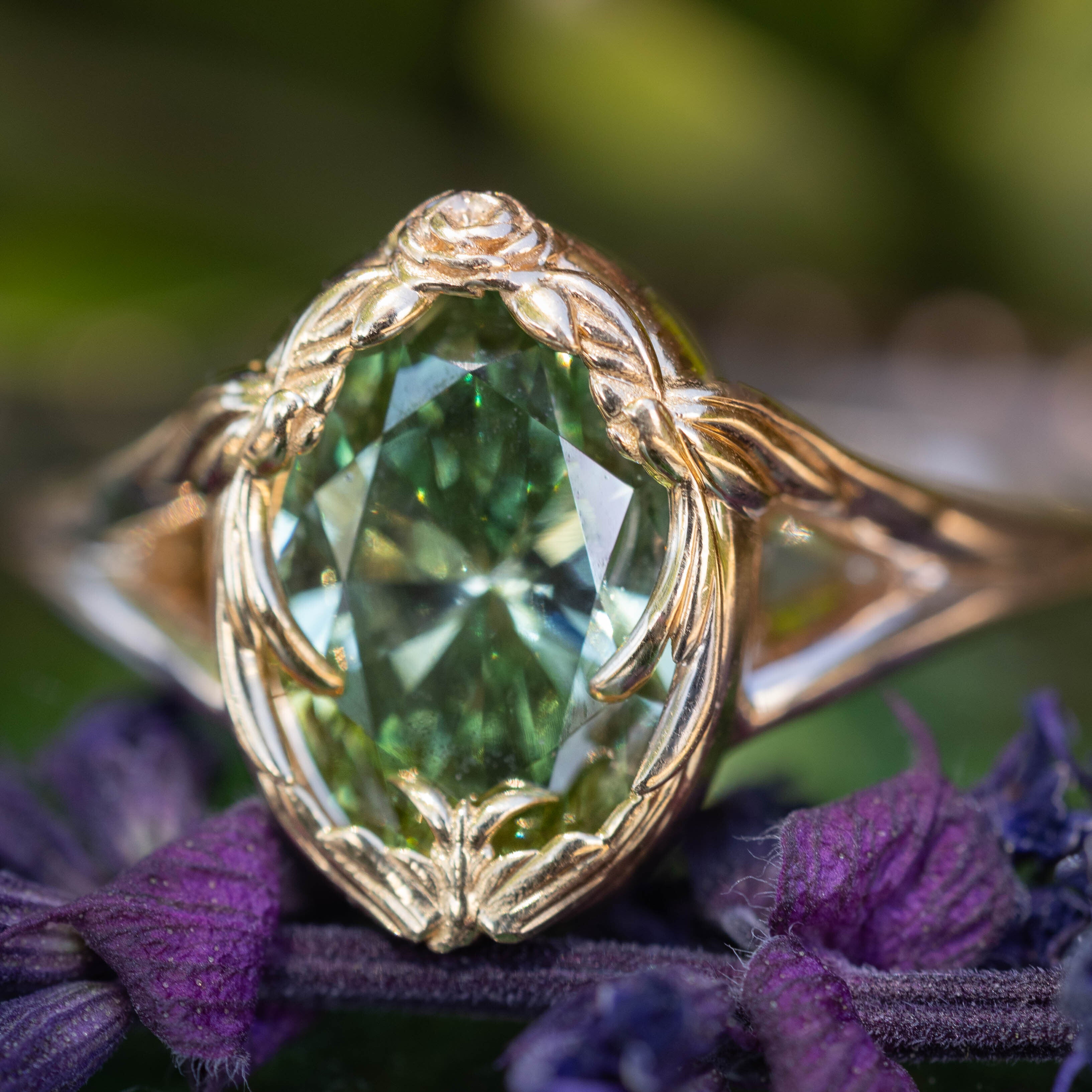 One-Of-A-Kind - "Hirondelle" - Oval Brilliant Cut Lab-Grown Green Diamond Engagement Ring With Swallow Bird-Inspired Filigree-Staghead Designs