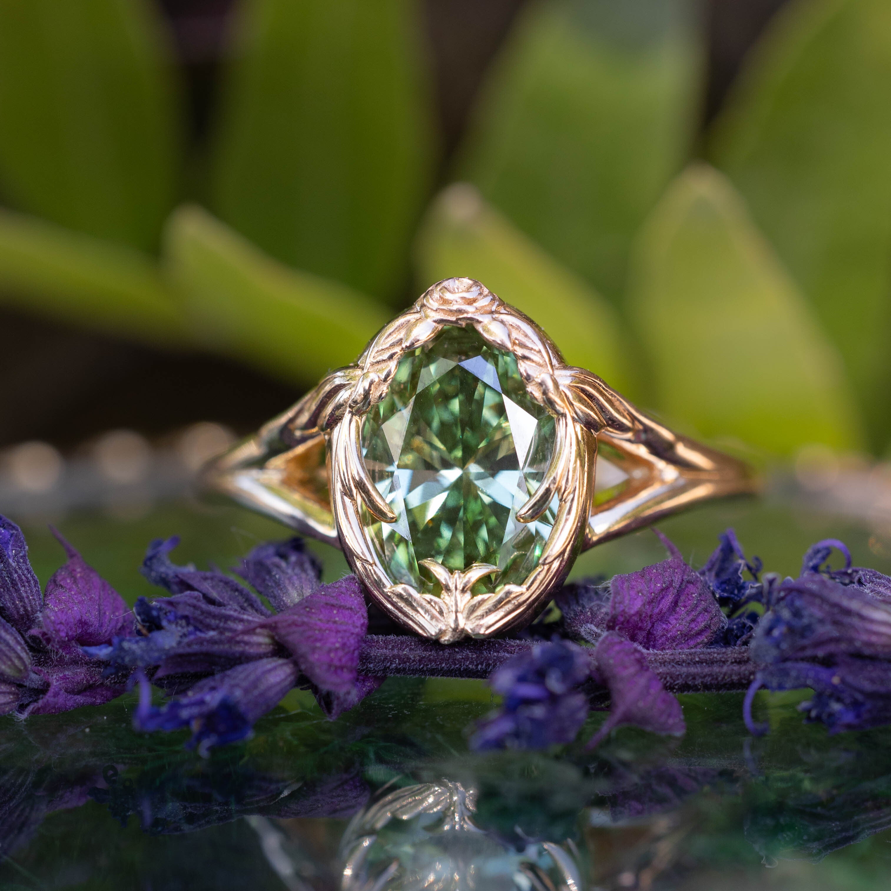 One-Of-A-Kind - "Hirondelle" - Oval Brilliant Cut Lab-Grown Green Diamond Engagement Ring With Swallow Bird-Inspired Filigree-Staghead Designs