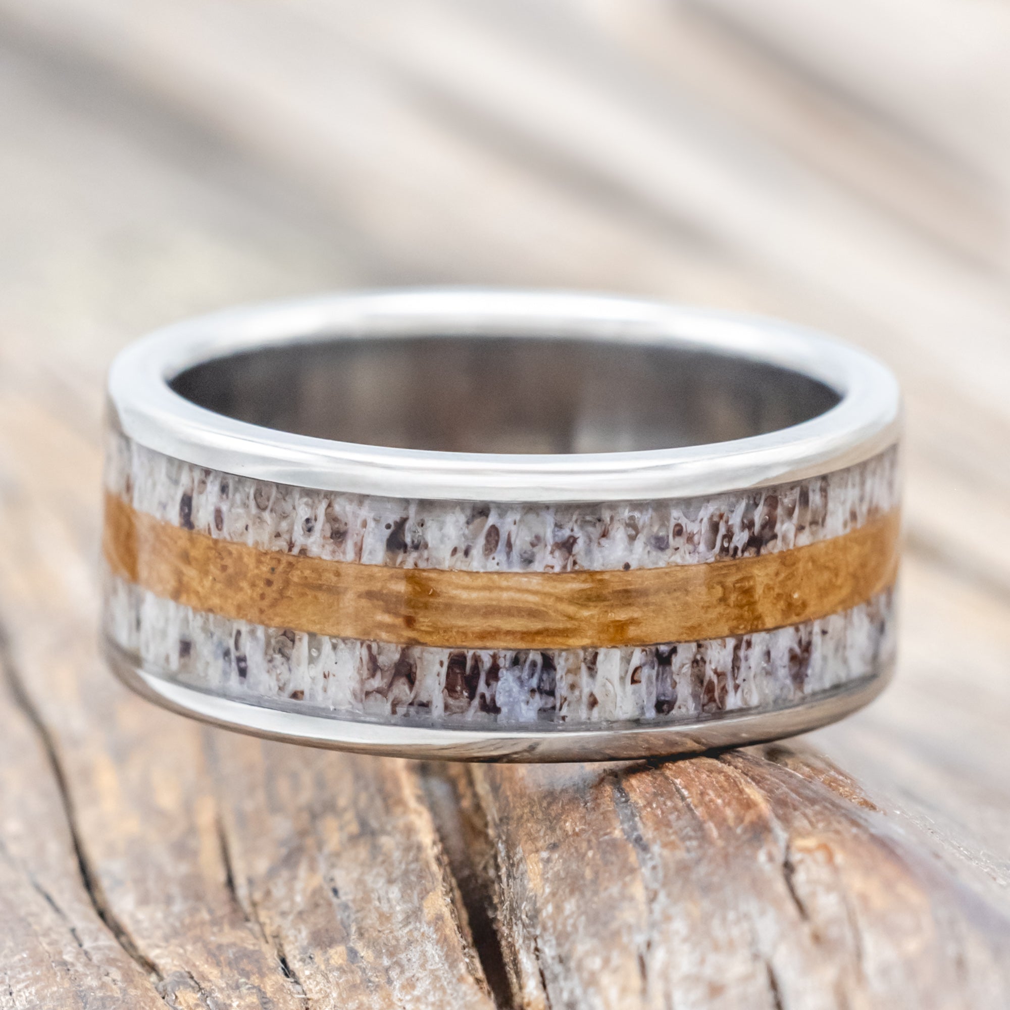 "RAINIER" - ANTLER & WHISKEY BARREL OAK WEDDING RING-Staghead Designs