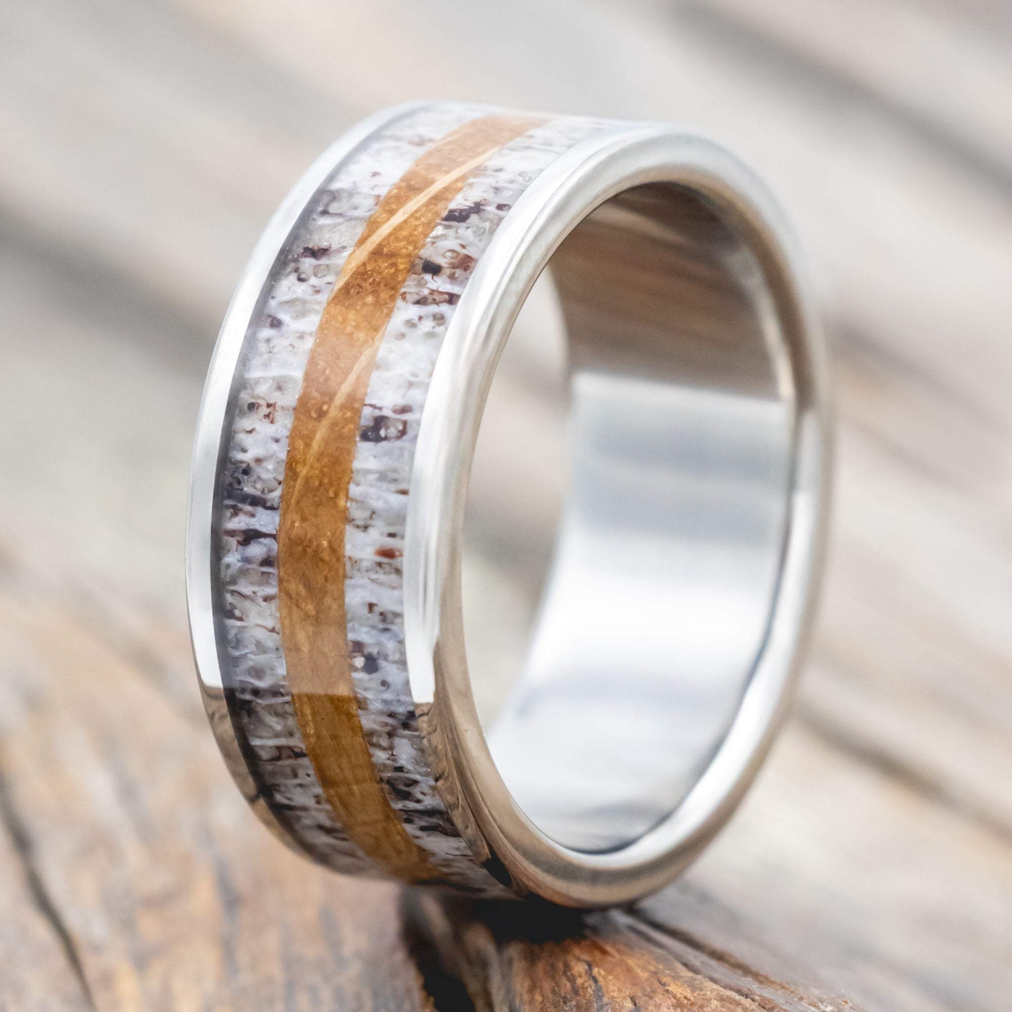 "RAINIER" - ANTLER & WHISKEY BARREL OAK WEDDING RING-Staghead Designs