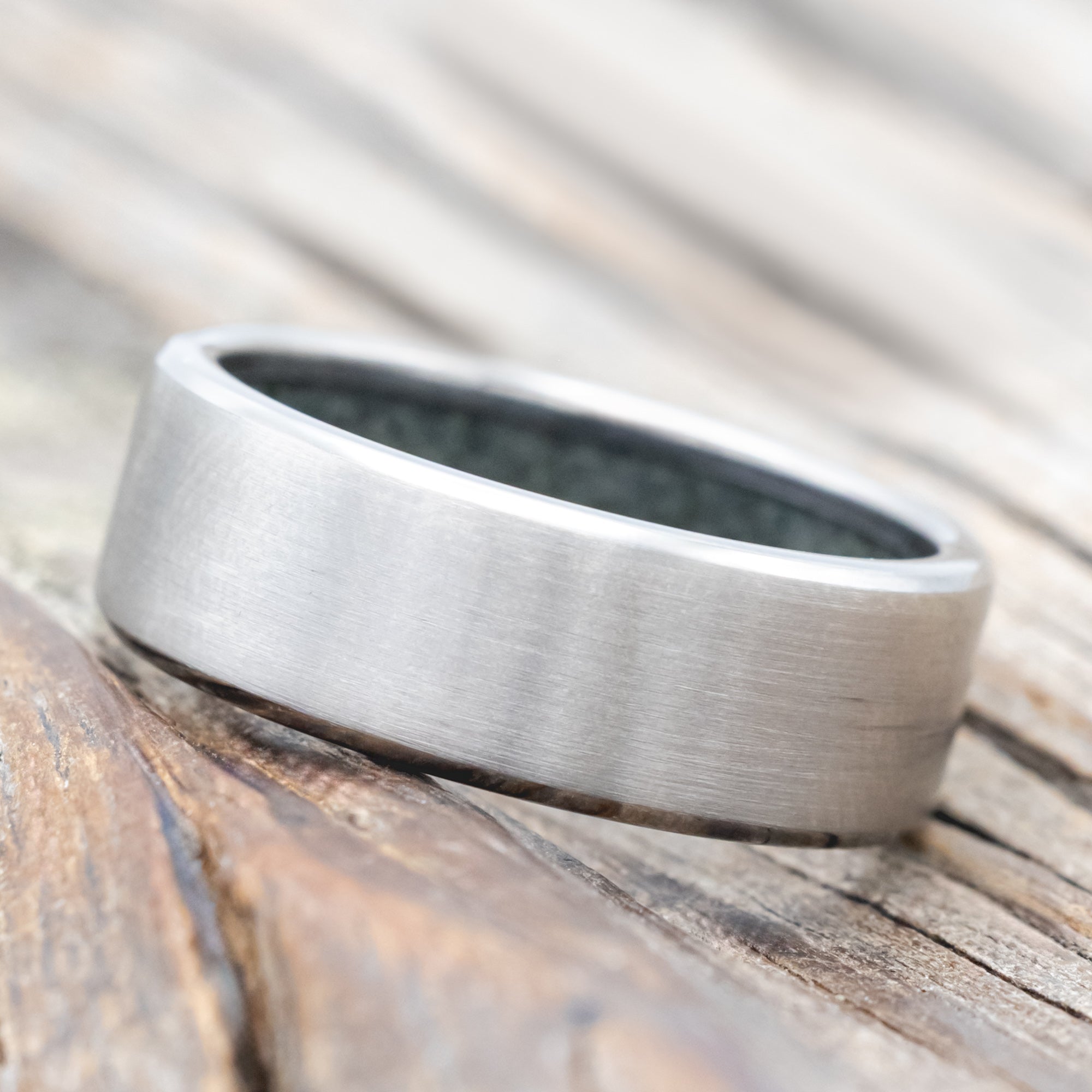 CRUSHED MOSS AGATE LINED WEDDING BAND WITH CUSTOM FINISH-Staghead Designs