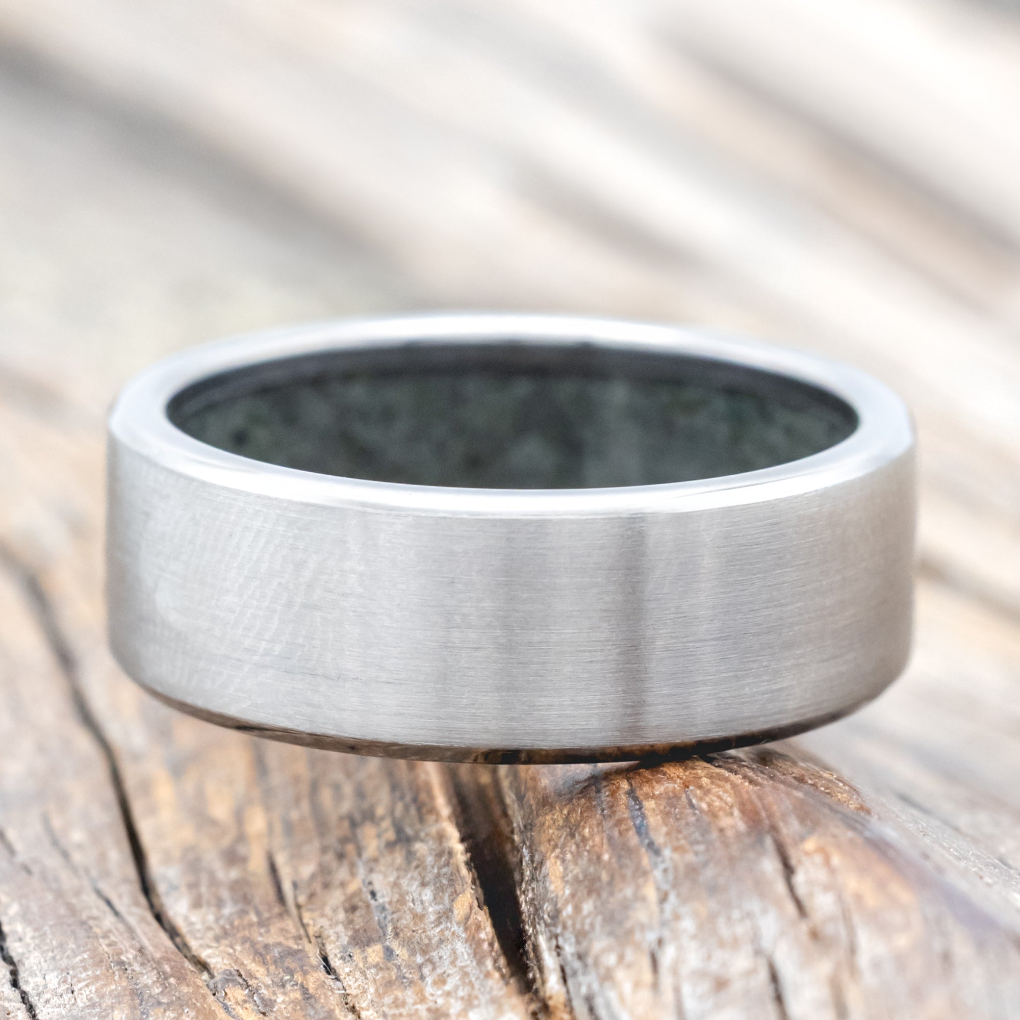 CRUSHED MOSS AGATE LINED WEDDING BAND WITH CUSTOM FINISH-Staghead Designs