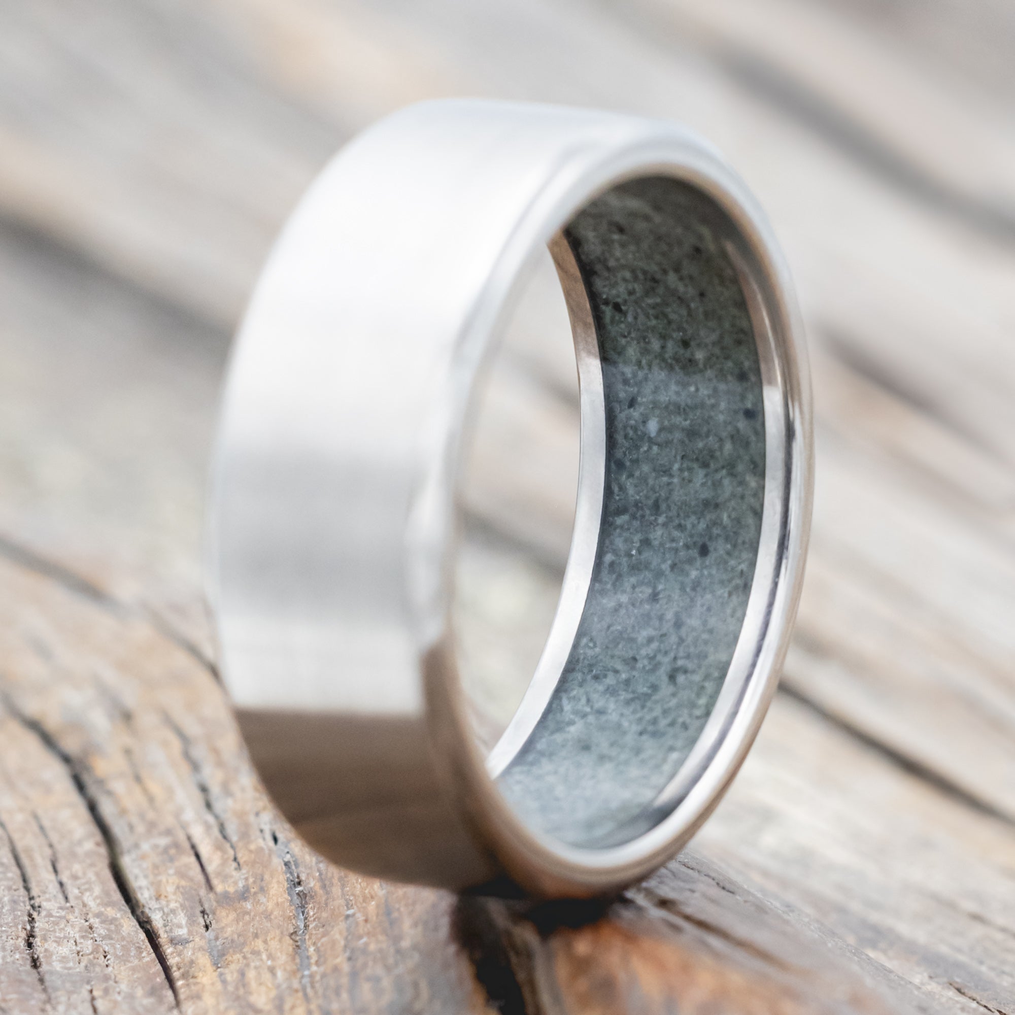 CRUSHED MOSS AGATE LINED WEDDING BAND WITH CUSTOM FINISH-Staghead Designs
