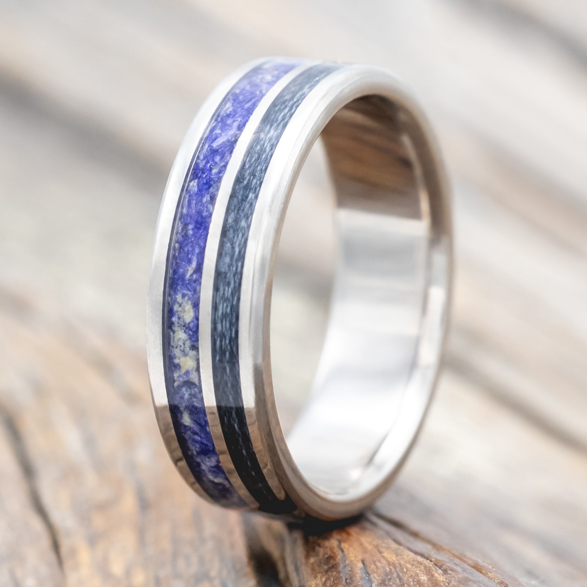 "RAPTOR" - BLUEBELL PETALS & GREY FISHING LINE INLAY WEDDING RING - TITANIUM (6MM) - SIZE 8-Staghead Designs