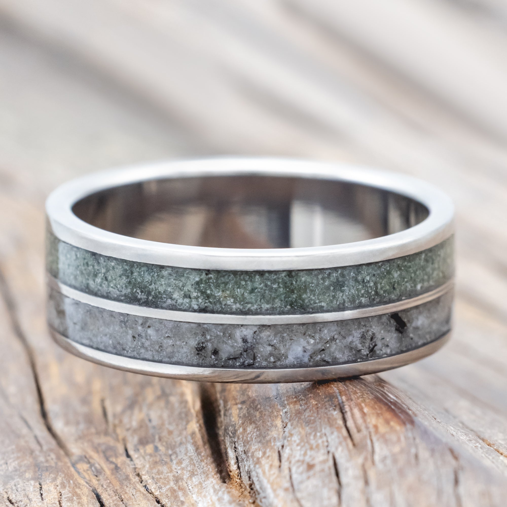 "DYAD" - MOSS AGATE & MOONSTONE WEDDING BAND - TITANIUM - SIZE 12-Staghead Designs