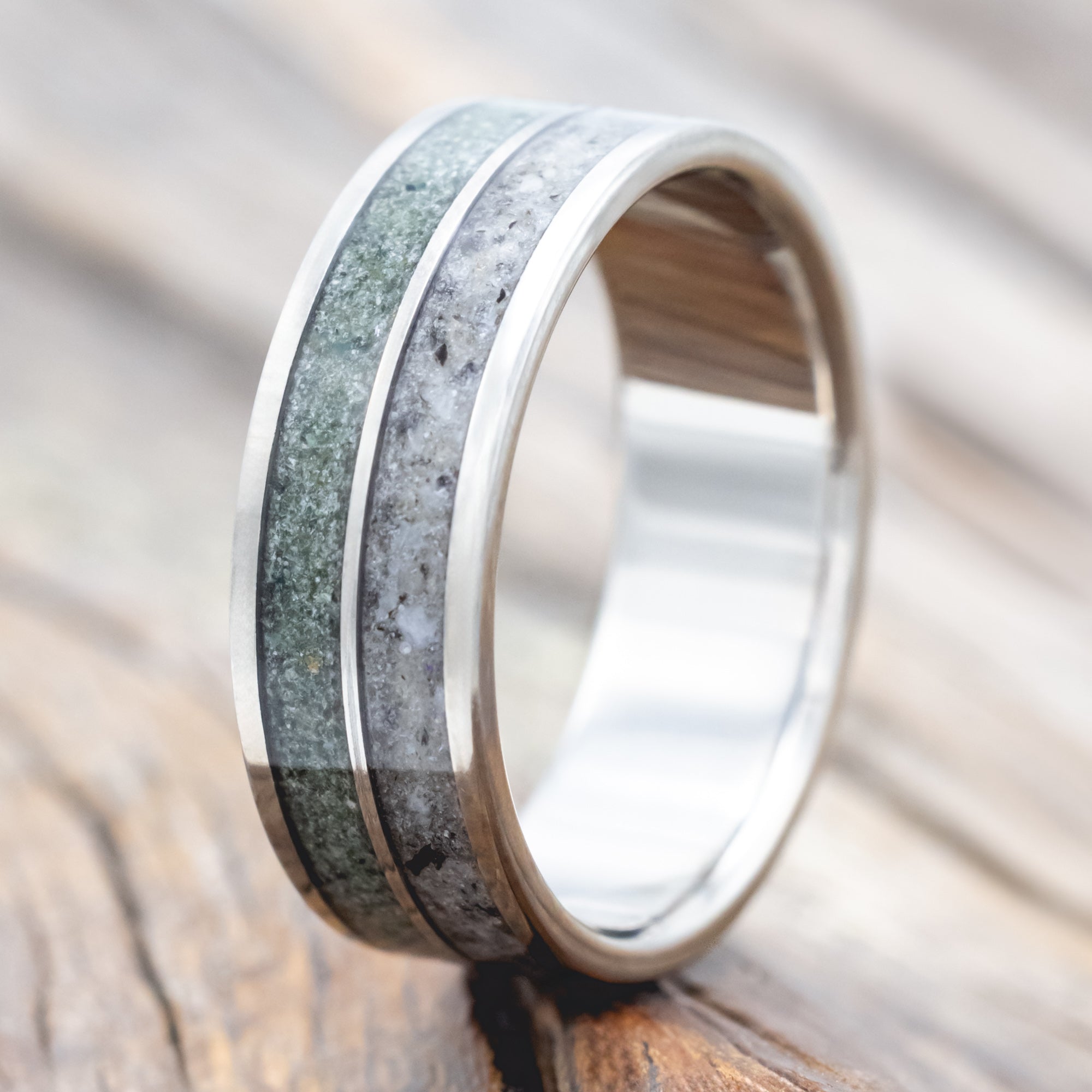 "DYAD" - MOSS AGATE & MOONSTONE WEDDING BAND - TITANIUM - SIZE 12-Staghead Designs