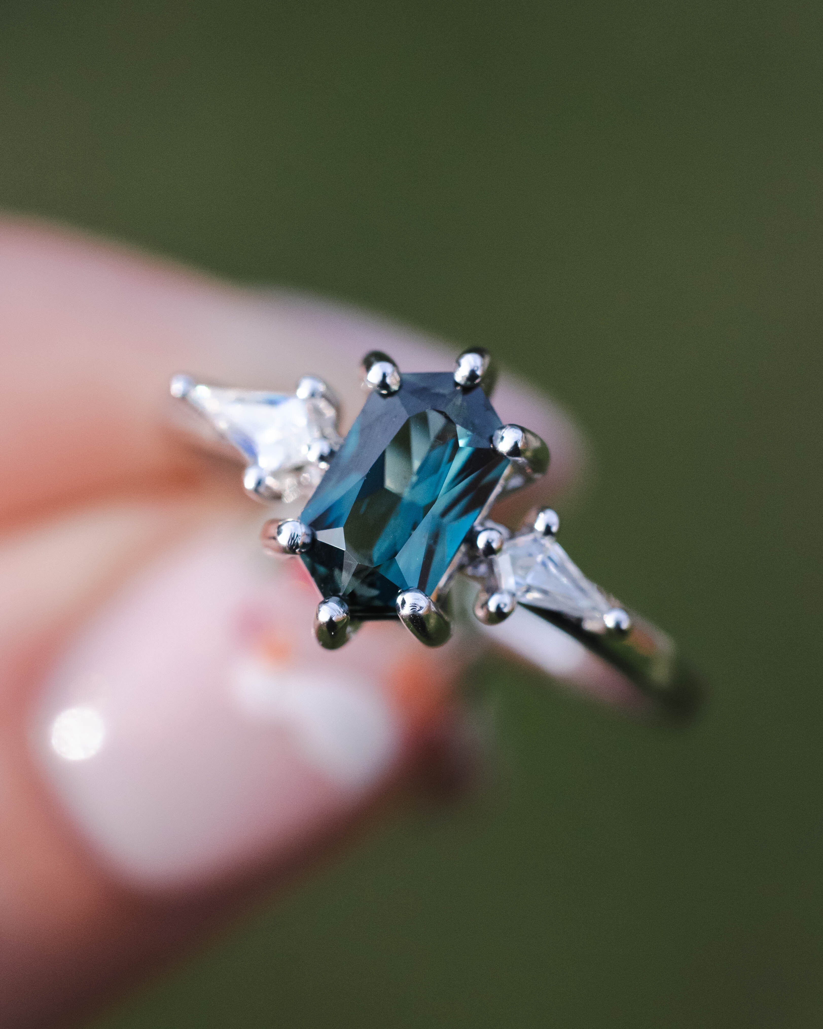 ONE-OF-A-KIND - "ISLA" - ELONGATED HEXAGON CUT AUSTRALIAN SAPPHIRE ENGAGEMENT RING WITH MOISSANITE ACCENTS-Staghead Designs